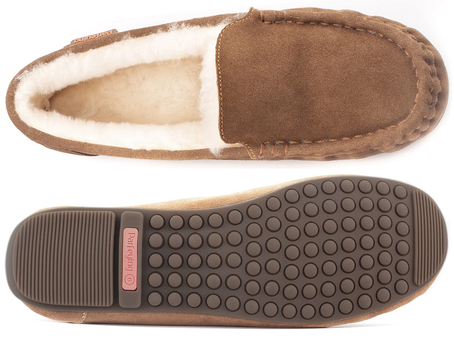 Parfeying Women's Sheepskin Moccasin Slippers - Soft Cow Suede Memory Foam Loafers for Indoor/Outdoor Wear - Cozy House Shoes for Driving, Lounging & Winter Comfort