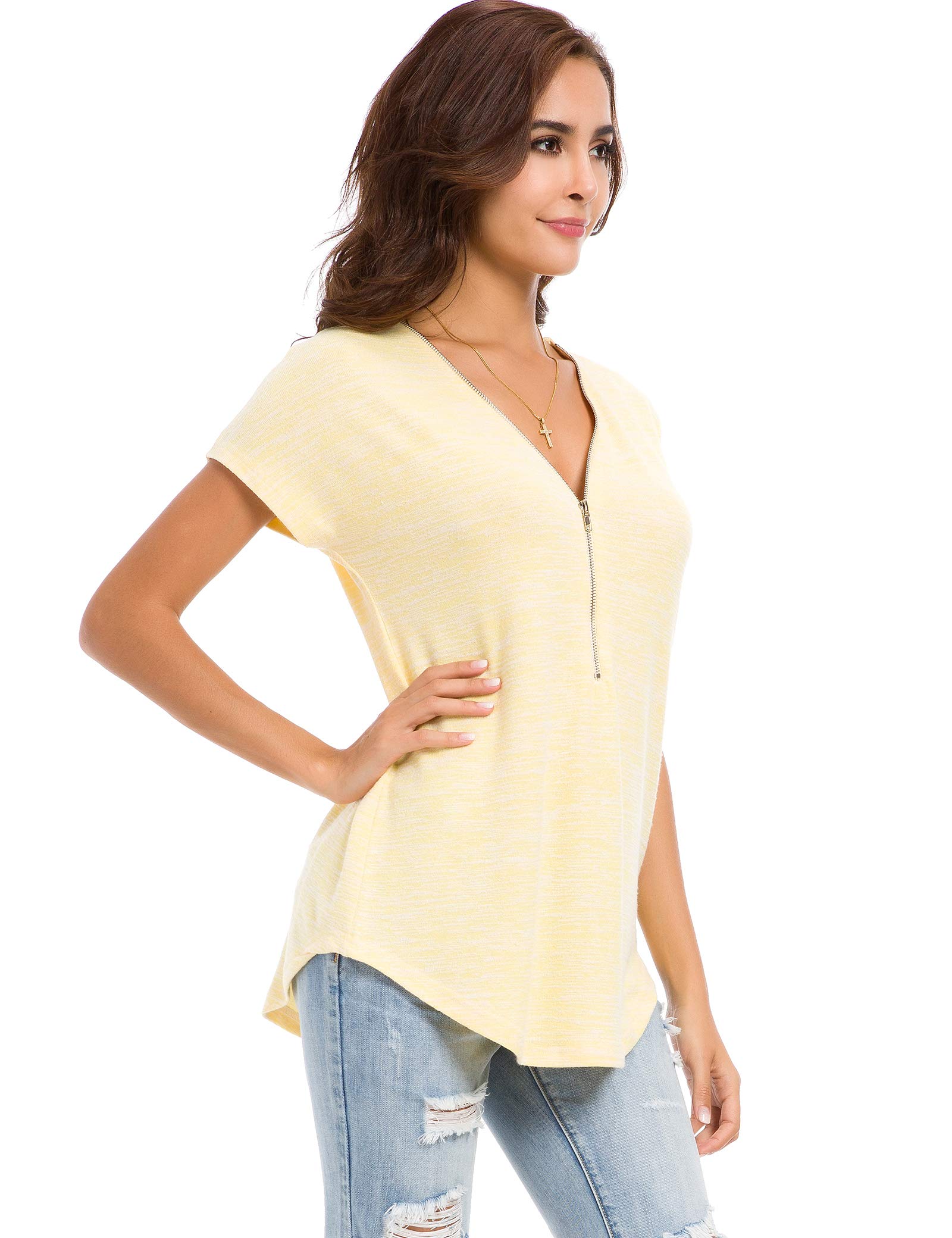 LUSMAY Women's Casual V-Neck Tunic Top with Zipper Detail - Loose Fit Short Sleeve Blouse for Summer | Perfect for Work, Travel & Everyday Wear