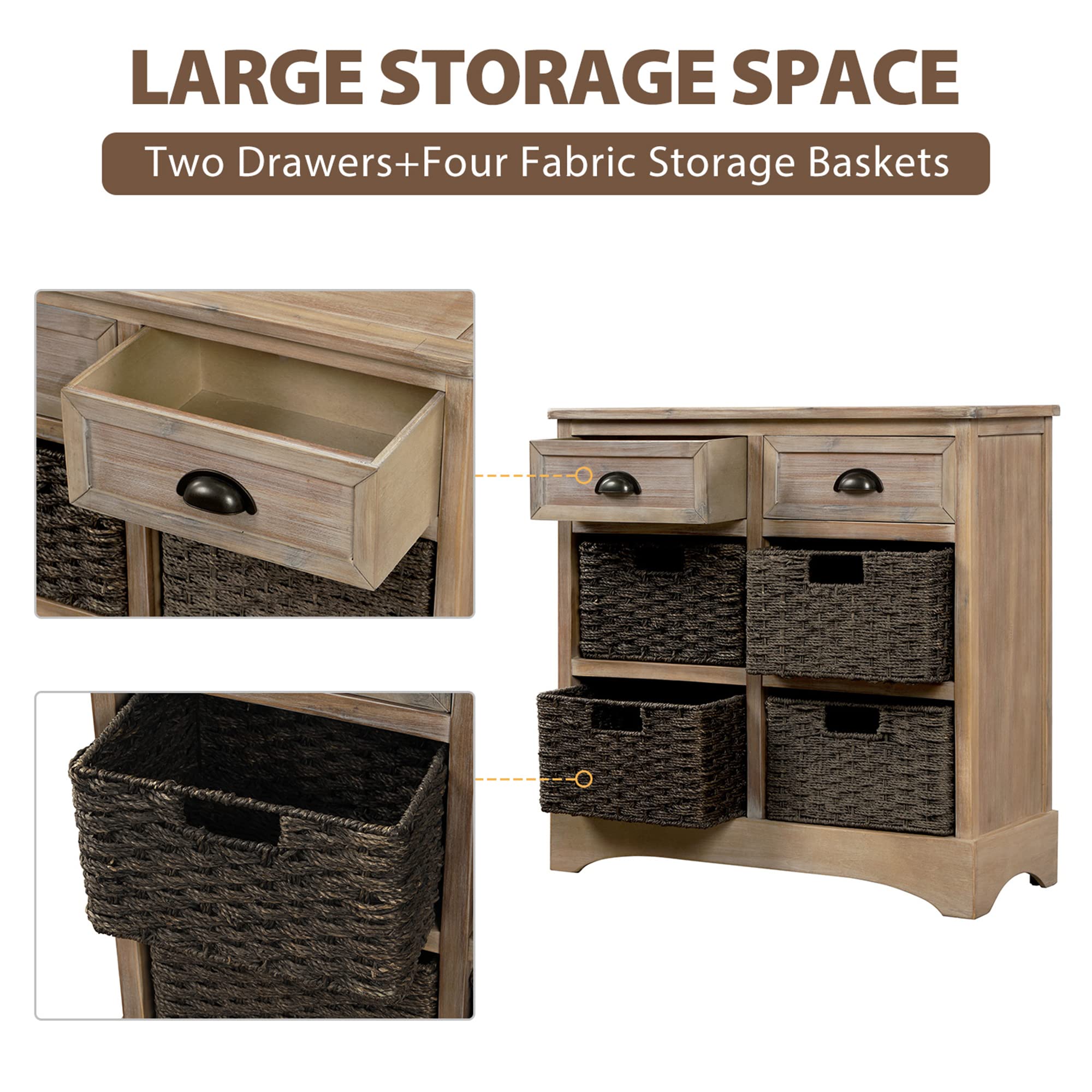 Rustic White Washed Storage Cabinet with 2 Wood Drawers & 4 Wicker Baskets - Organizer for Home, Kitchen, Entryway & Living Room | Perfect for Farmhouse Decor & Small Space Organization