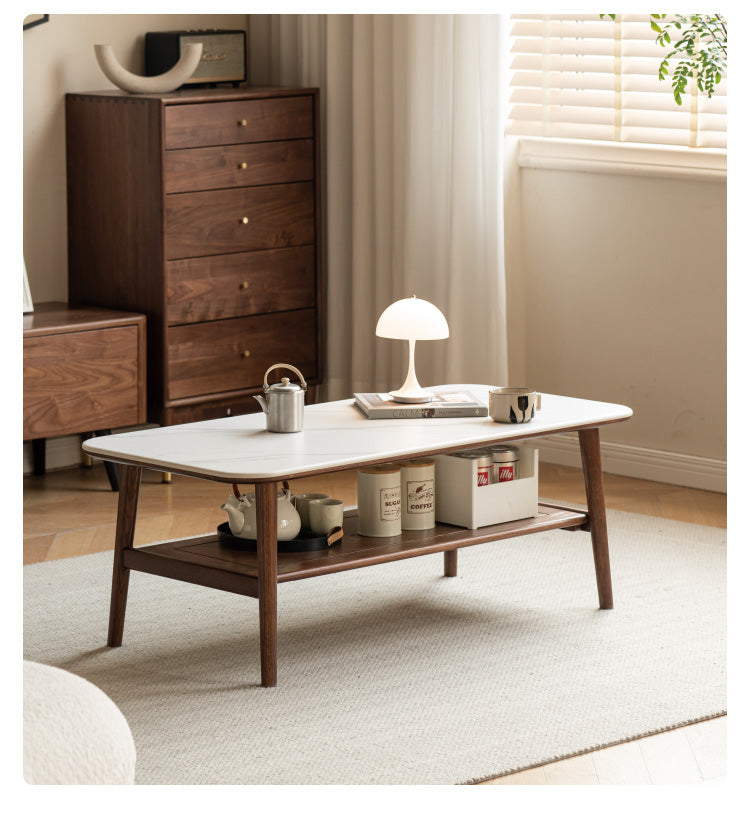 Solid Oak Wood Slate Coffee Table - Rustic Modern Living Room Furniture for Home Decor & Relaxation