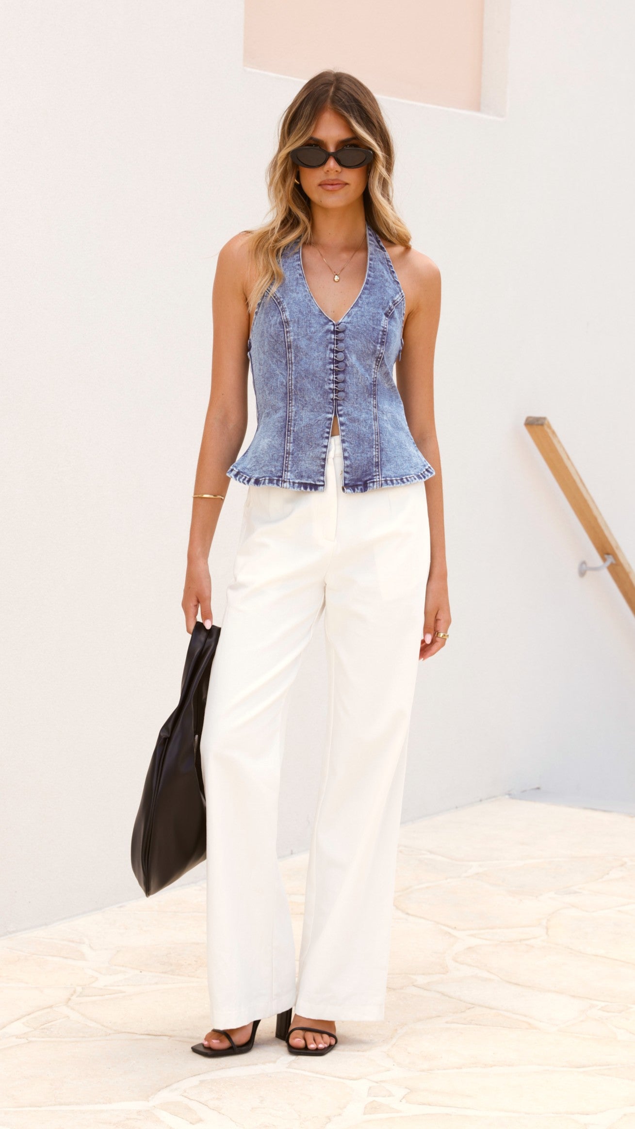 Basira Halterneck Vest - Mid Blue Denim Women's Fashion Top for Summer, Beach & Casual Outfits