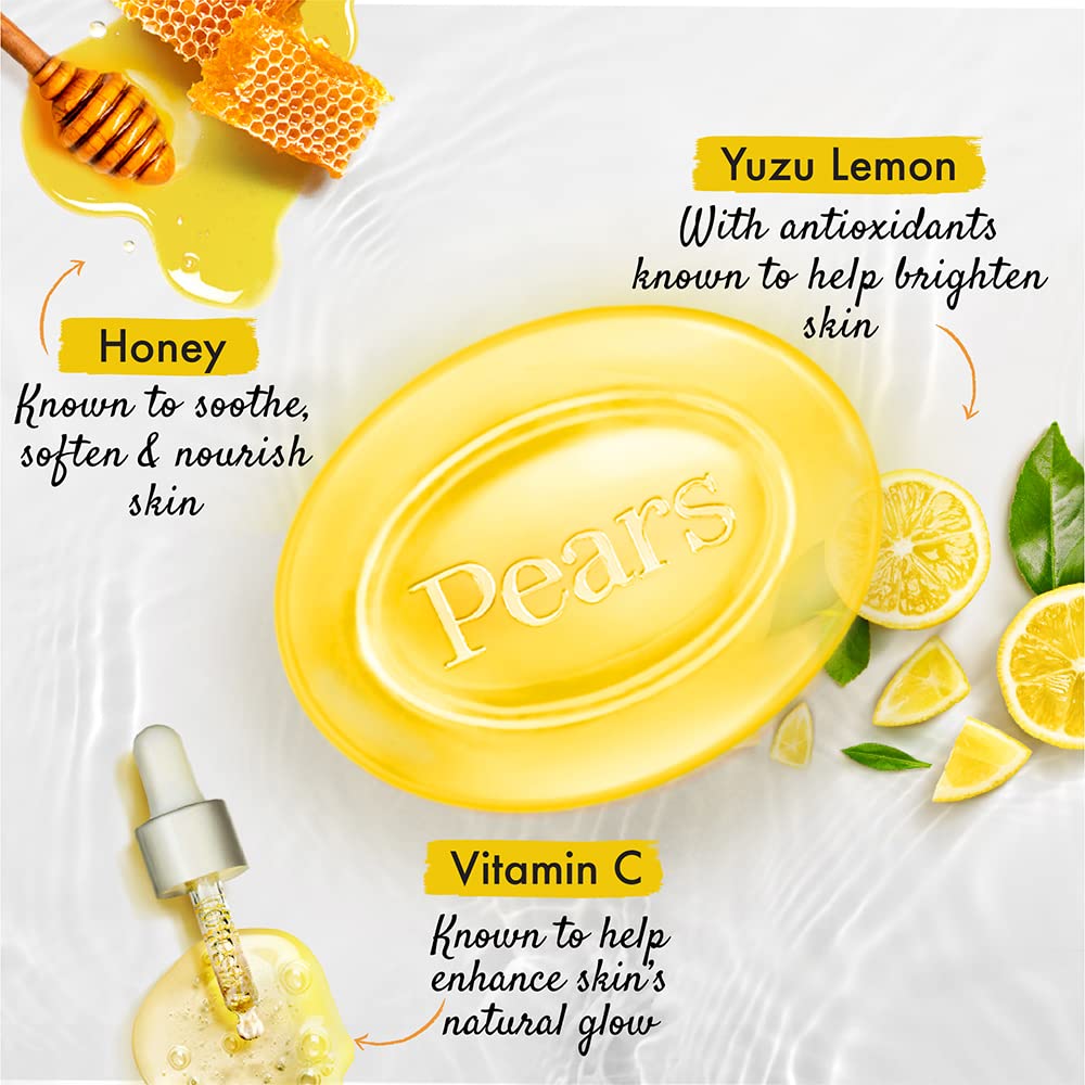 Pears Naturale Vitamin C Soap 4-Pack (125g Each) - Brightening & Glowing Face & Body Cleanser for Acne-Prone & Dull Skin - Daily Skincare Routine