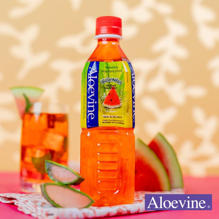 ALOEVINE Aloe Vera Juice Drink with Watermelon & Aloe Chunks | 16.9 Oz 10-Pack | Plant-Based Korean Vegetable Beverage | Refreshing Hydration for Summer, Workouts & Healthy Lifestyle