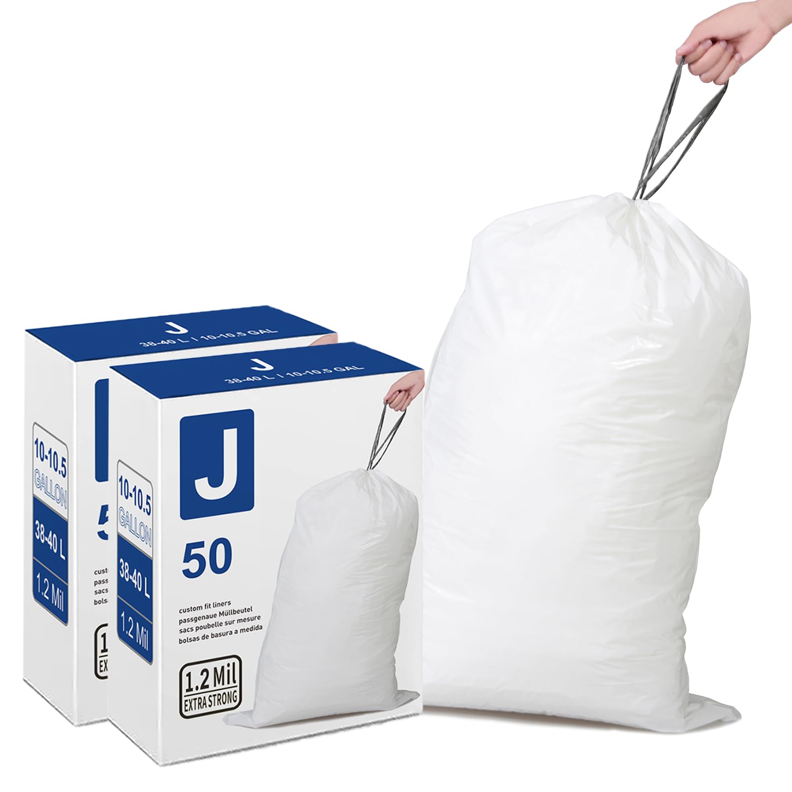 Code J 2-Pack (100 Count) 10-10.5 Gallon Heavy Duty 1.2 Mil Thick Drawstring Trash Bags - Leak Proof & Tear Resistant White Garbage Can Liners - Perfect for Kitchen, Bathroom, Office & Outdoor Waste Disposal