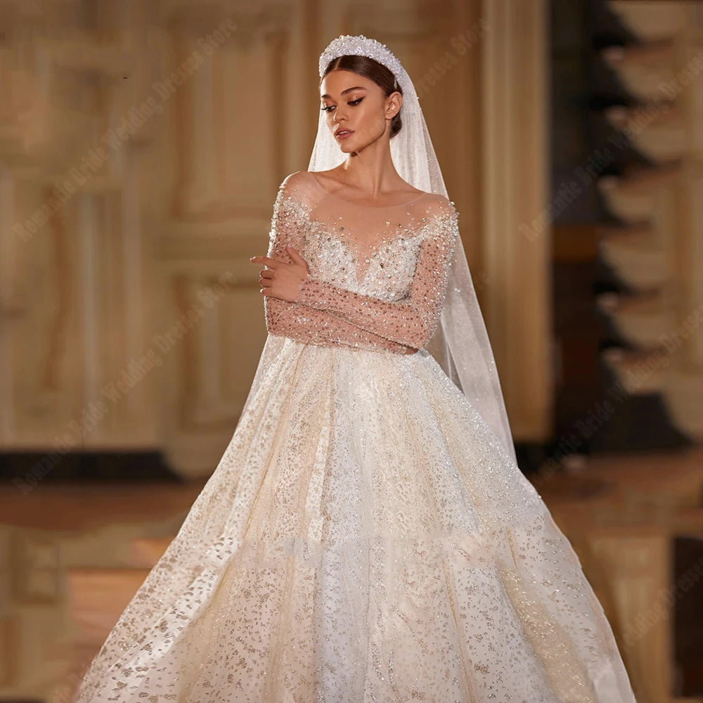 Elegant V-Neck Wedding Dress with Sparkling Sequins - A-Line Floor-Length Long Sleeve Bridal Gown for Church Ceremony & Romantic Reception