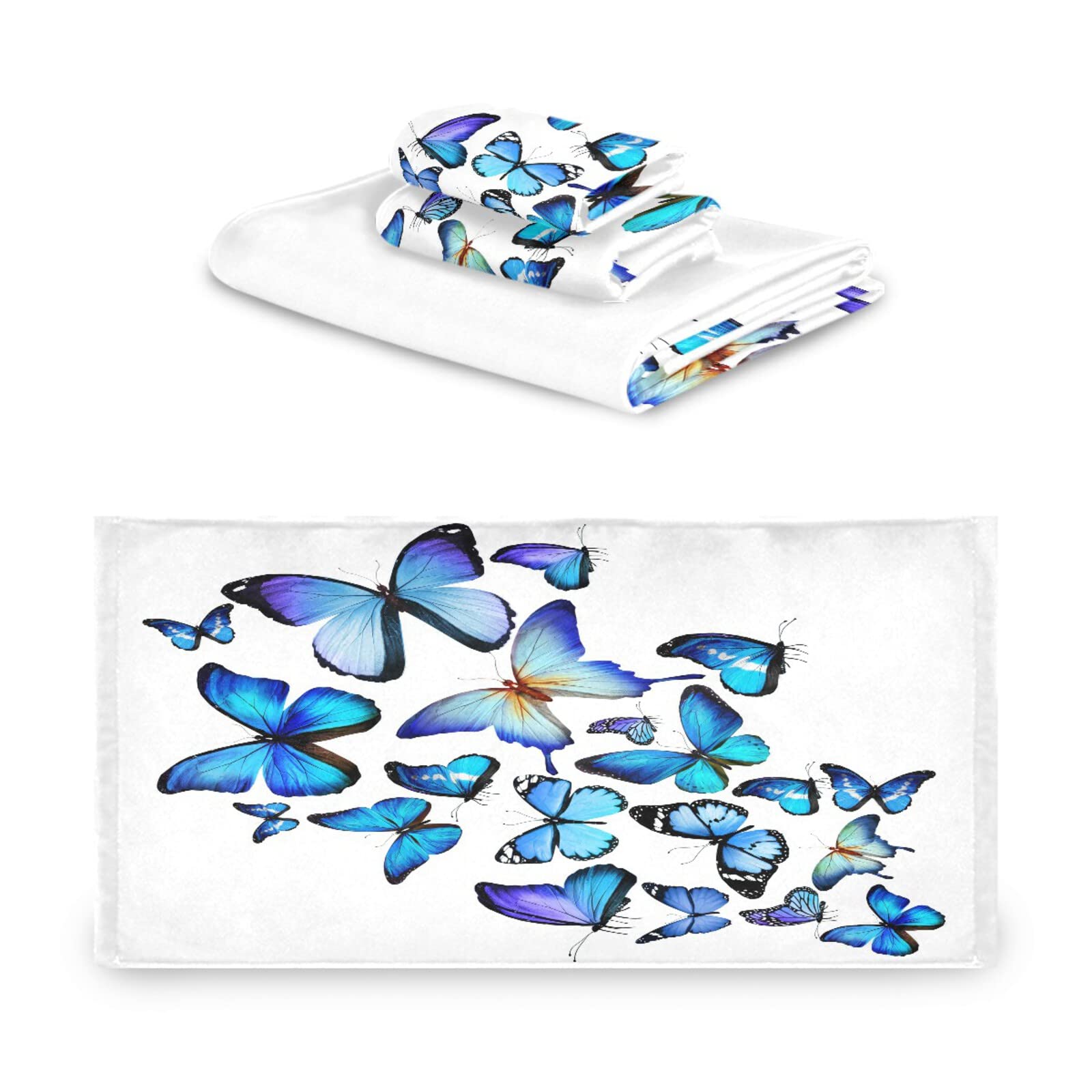 ALAZA Blue Butterflies Bath Towel Set - Luxury 3-Piece Decorative Set (1 Bath Towel, 1 Hand Towel, 1 Washcloth) - Ultra Soft & Absorbent for Bathroom, Hotel, Gym, Yoga & Spa - Perfect for Home Decor, Guest Towels & Self Care