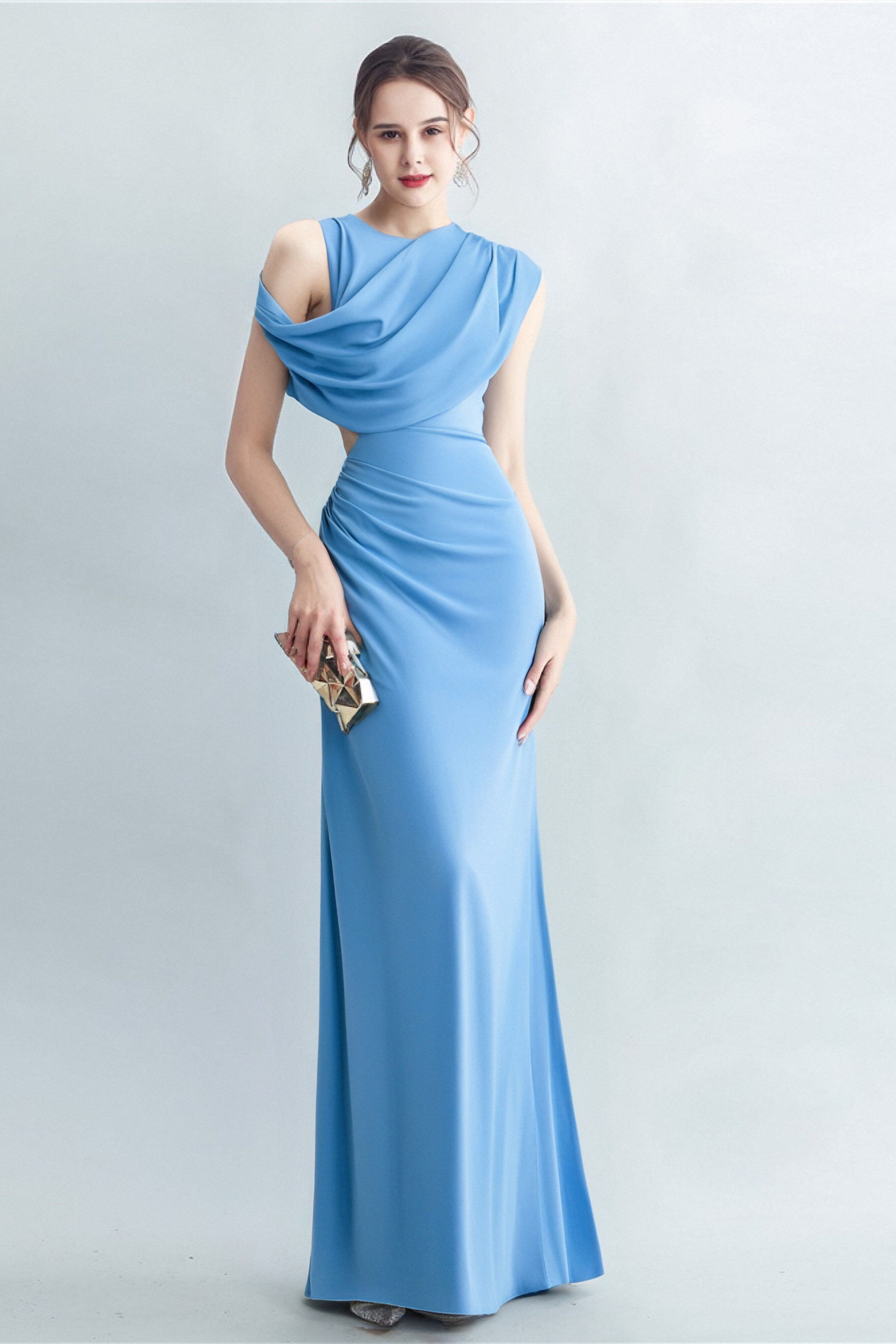 Elegant CASI SIDE SLIT DRAPED JERSEY GOWN in Blue - Perfect for Evening Parties, Weddings & Special Occasions