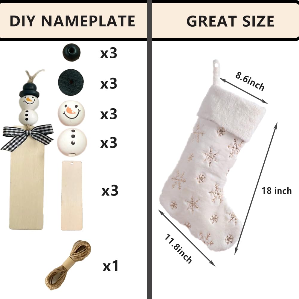 AOGU 3 Pack 22 Inch Faux Fur Sequin Snowflake Christmas Stockings - Snowy White Holiday Stockings with Gold Accents for Hanging Decor, Candy Gifts & Festive Home Decorations | Perfect for Fireplace Mantel, Tree Decor, and Christmas Party Favors