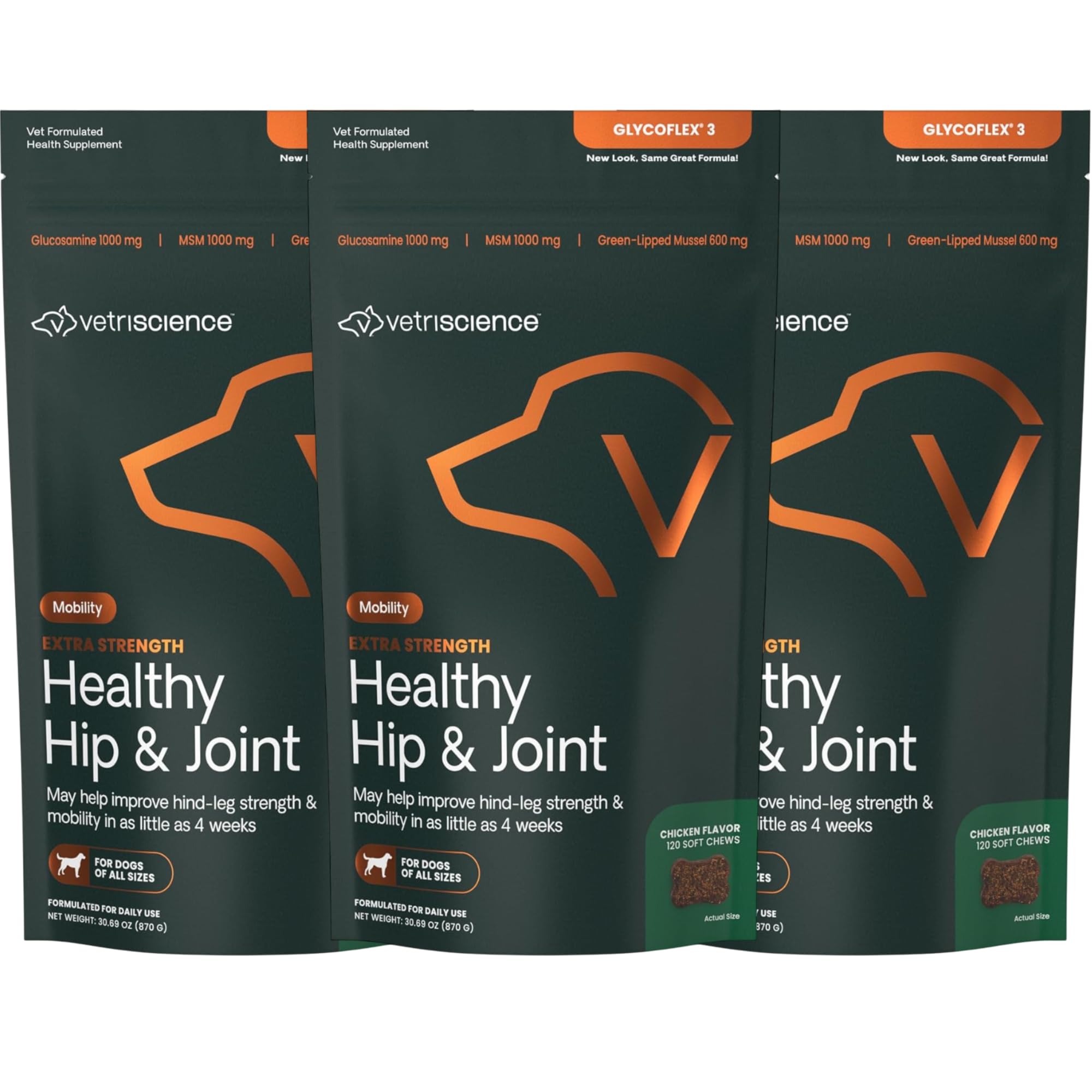 VetriScience Glycoflex 3 Maximum Strength Hip and Joint Supplement for Dogs - Advanced Formula with Glucosamine, MSM, Green Lipped Mussel & DMG - Supports Mobility & Joint Health - 3 Pack (120 Chews Each) - Ideal for Senior Dogs & Active Breeds