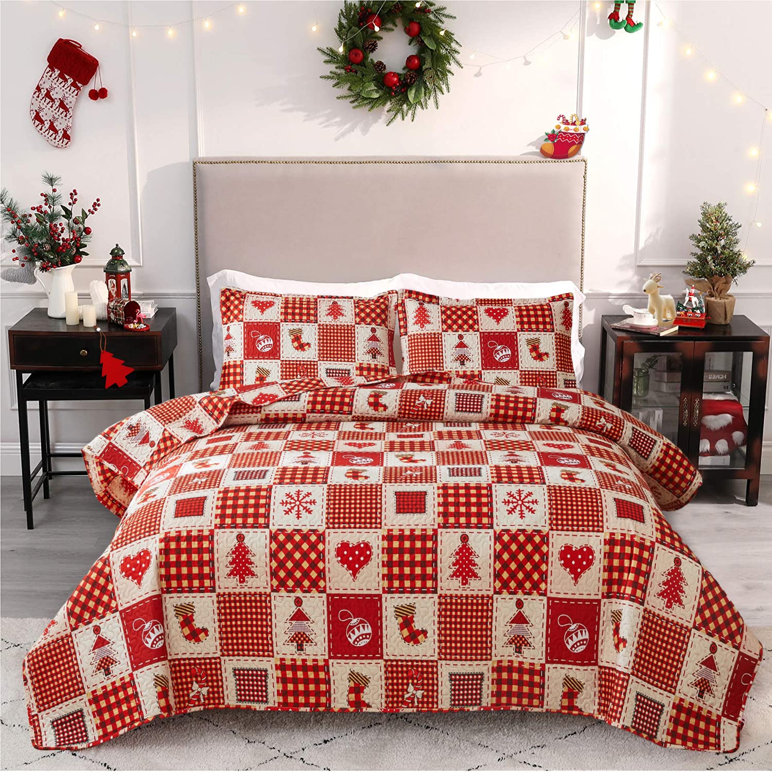 Christmas Plaid Snowflake Quilt Set Twin Size (68 x 86 Inches) - Xmas Tree & Stockings Red Heart Balloon Bedding Set, Red Yellow Grid Coverlet with Pillowcases - Cozy Holiday Bedroom Decor for Winter & Christmas Celebrations