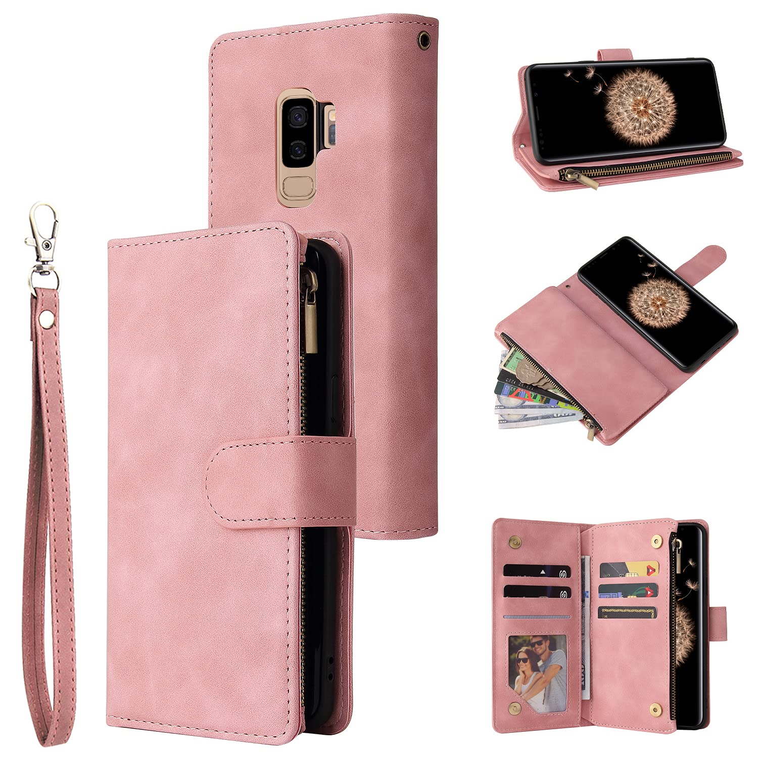 Premium PU Leather Wallet Case for Samsung Galaxy S9 - Magnetic Closure, Card Slots & Kickstand | Women's Handbag Style with Zipper Pocket & Hand Strap (Pink) - Perfect for Daily Use, Travel & Shopping