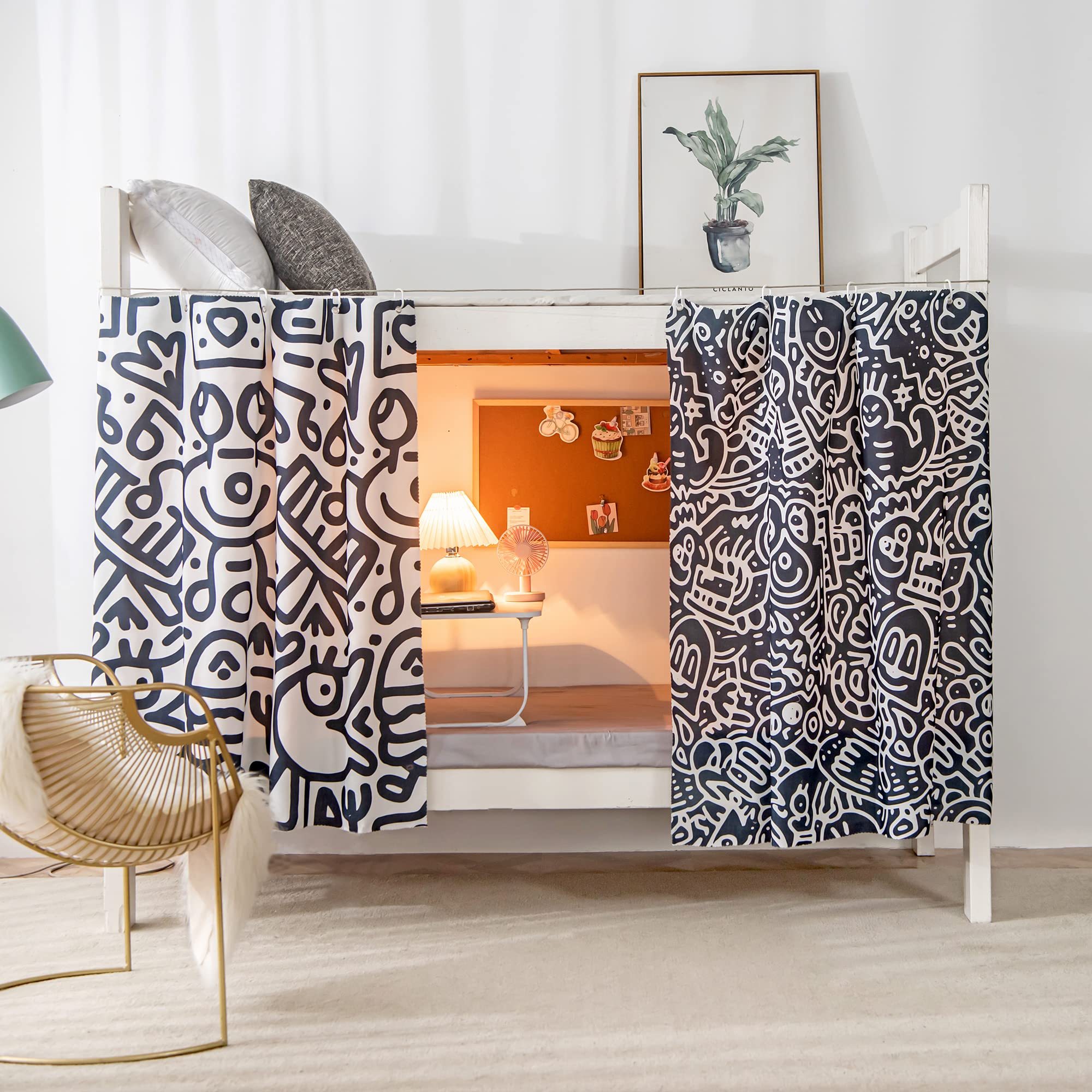 Black and White Graffiti Bottom Bunk Bed Curtains - Privacy Cloth Underbed Curtains for Low Loft Bed, Single Size, 2 Panels - Perfect for Dorms, Kids' Rooms & Small Spaces