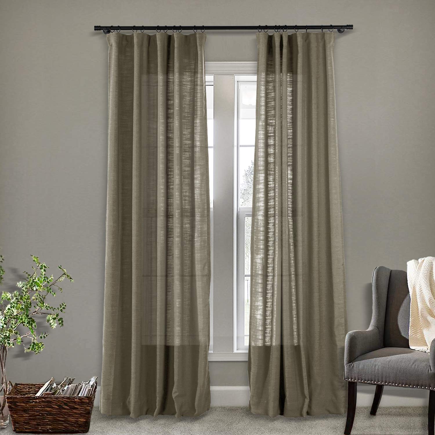 Frement Textured Sheer Linen Curtains - Energy Efficient Blackout Drapes with 4-in-1 Header for Sliding Glass Doors & Kitchen Windows - Dim Gray (100