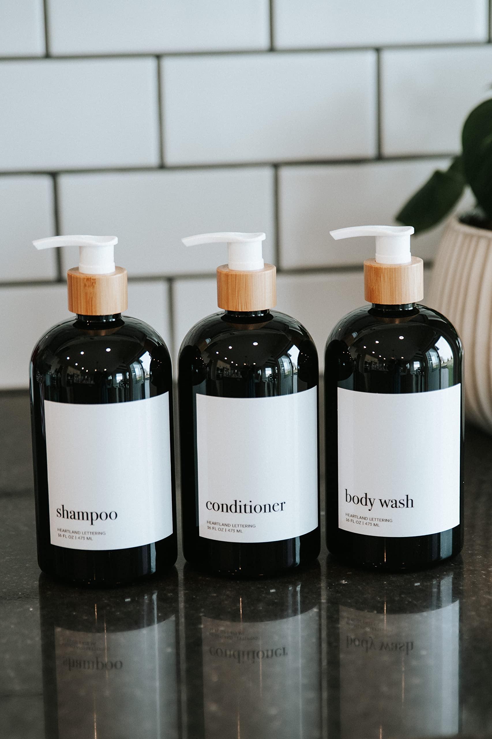 Bamboo Shampoo and Conditioner Dispenser Bottles Set of 3 - 16oz Black Plastic Pump Bottles for Shampoo, Conditioner & Body Wash | Perfect for Bathroom, Shower & Salon Organization