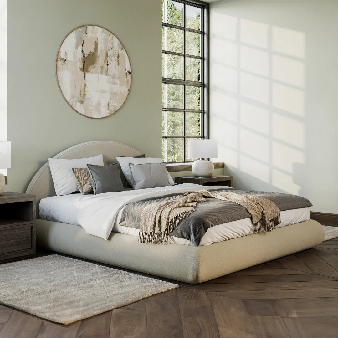 Luna Queen Size Bed Frame with Upholstered Headboard - Modern Platform Bed for Bedroom, Guest Room, or Dorm | Dune Fabric