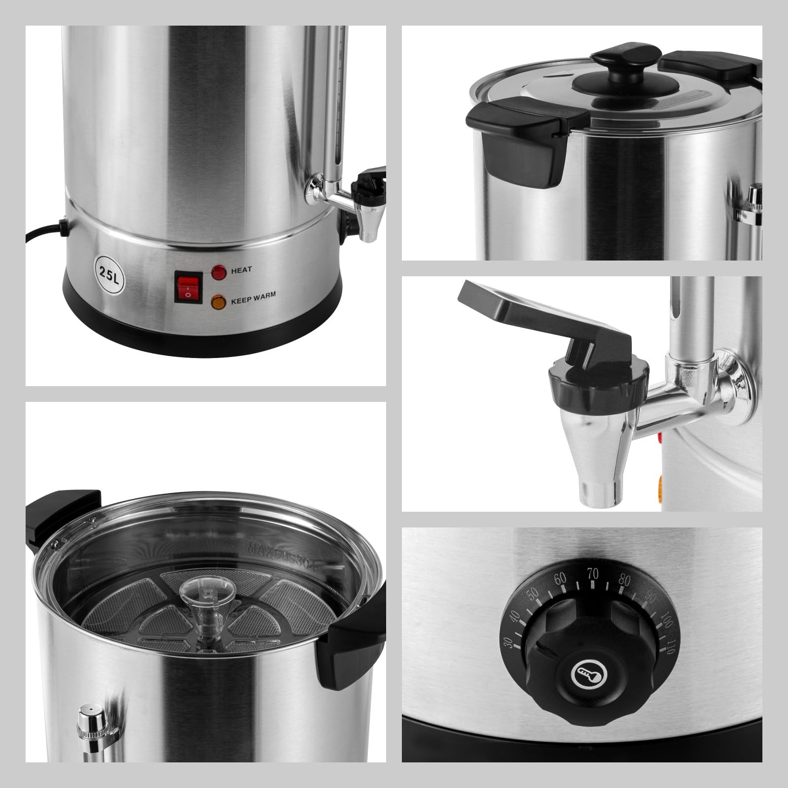 Commercial Electric Coffee Urn 1400W 25L (6.6 Gallon) Stainless Steel Coffee Maker with Temperature Control (30-110°C/86-230°F) - Perfect for Hot Coffee, Tea, Chocolate & Water Dispensing at Parties, Weddings, Offices & Home Use