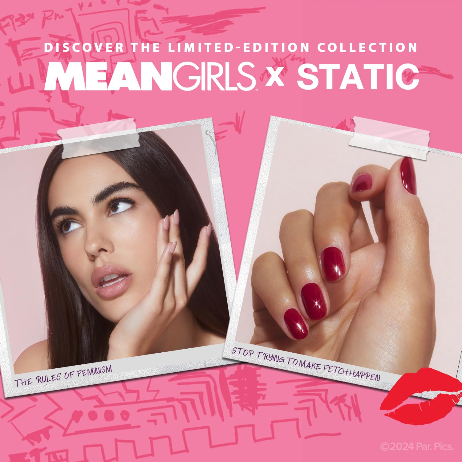 Static Nails Mean Girls x Rapid Repair Nail And Cuticle Oil - Reusable Pop-On Manicure Kit | Seamless Natural Looking Press On Fake Nails with Cuticle Care | Perfect for Parties, Weddings & Everyday Glam