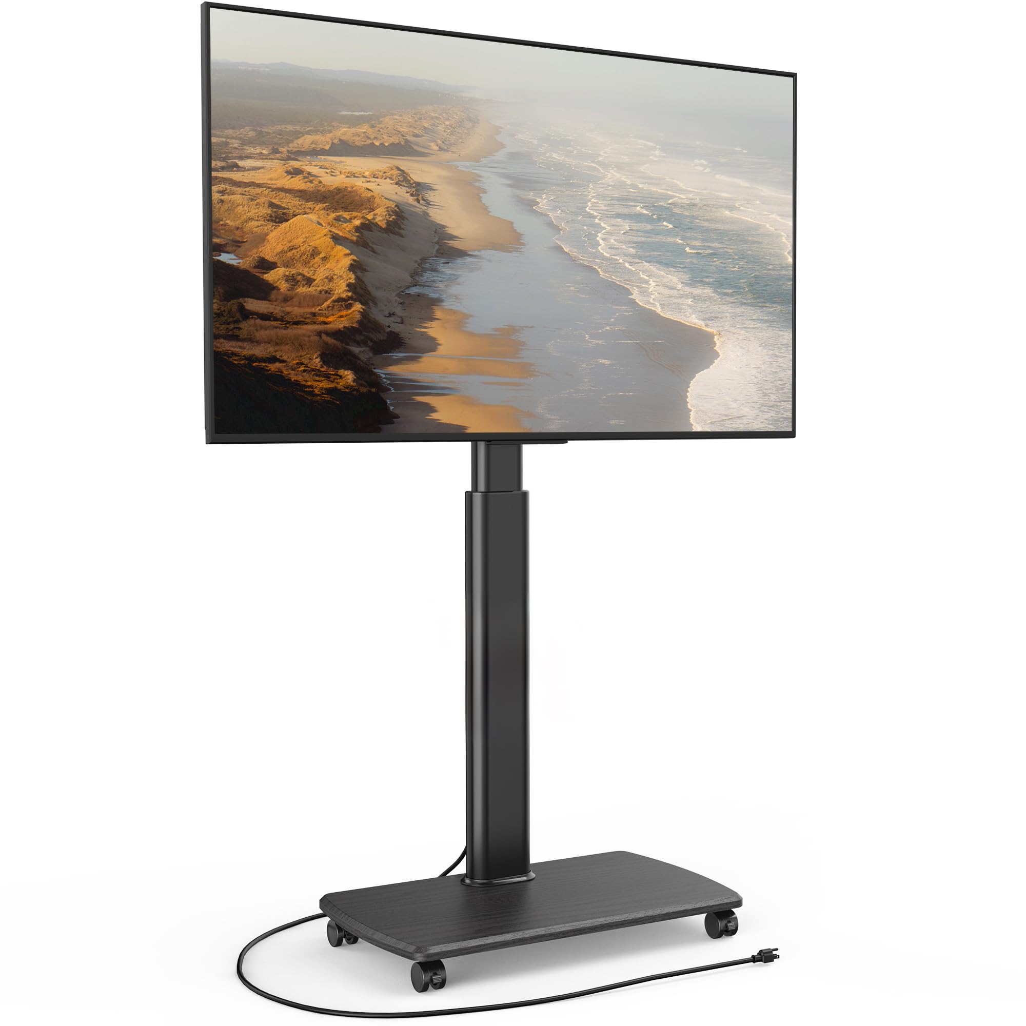 FITUEYES Rolling TV Stand with Power Outlets - Swivel Mobile TV Stand for 32-75 Inch LCD LED OLED Flat/Curved Screens, Height Adjustable with Wood Base, Supports up to 99Lbs (Black) - Perfect for Living Rooms, Bedrooms, and Home Theaters