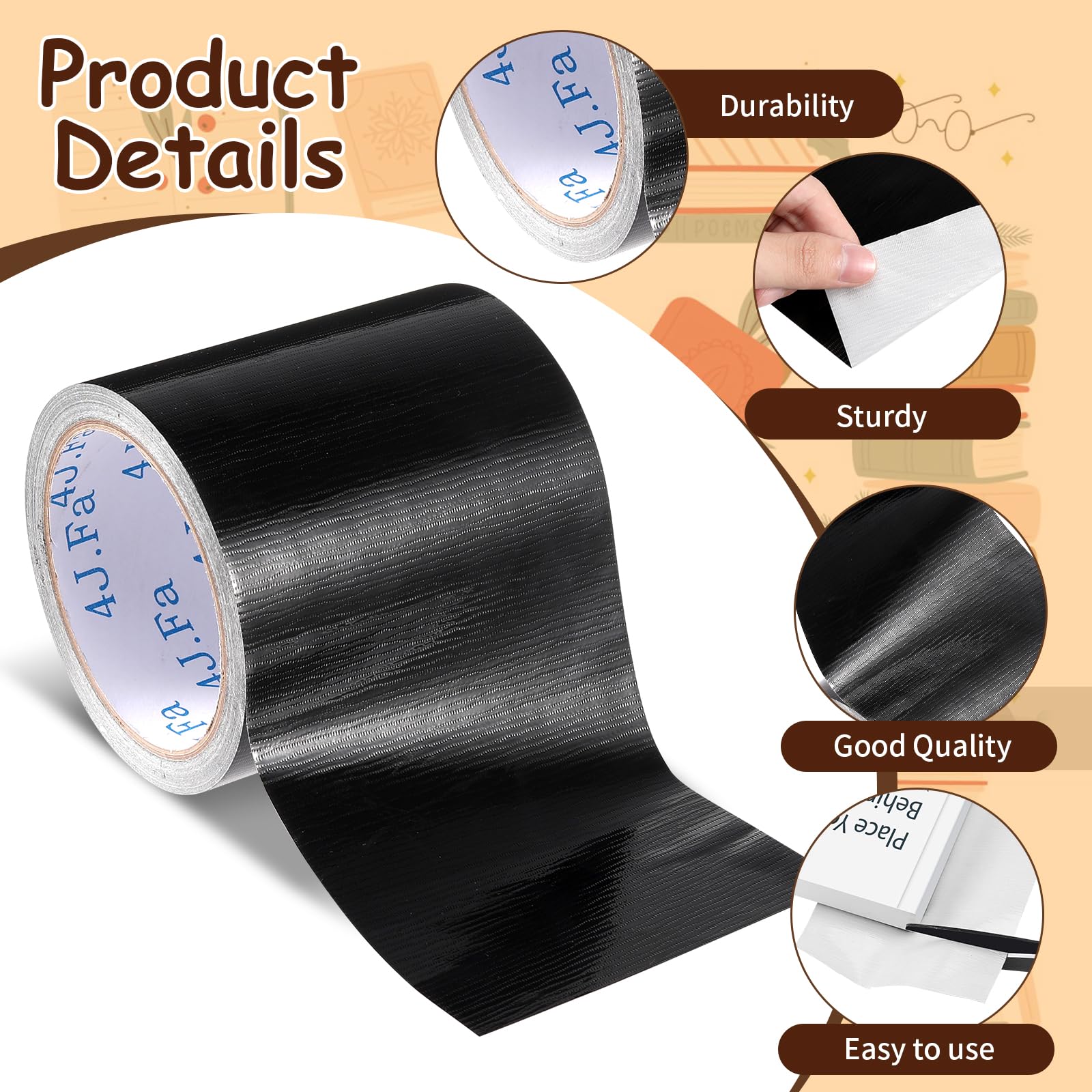 4 Inch Black Book Binding Tape - 540 Inch Cloth Book Repairing Tape for Hardback, Paperback & Stitched Books - Library Supplies, Office & Arts Crafts - Perfect for Covering Broken Spines & Book Restoration    (Ideal for repairing old books, DIY bookbinding, scrapbooking, and protecting valuable book collections)