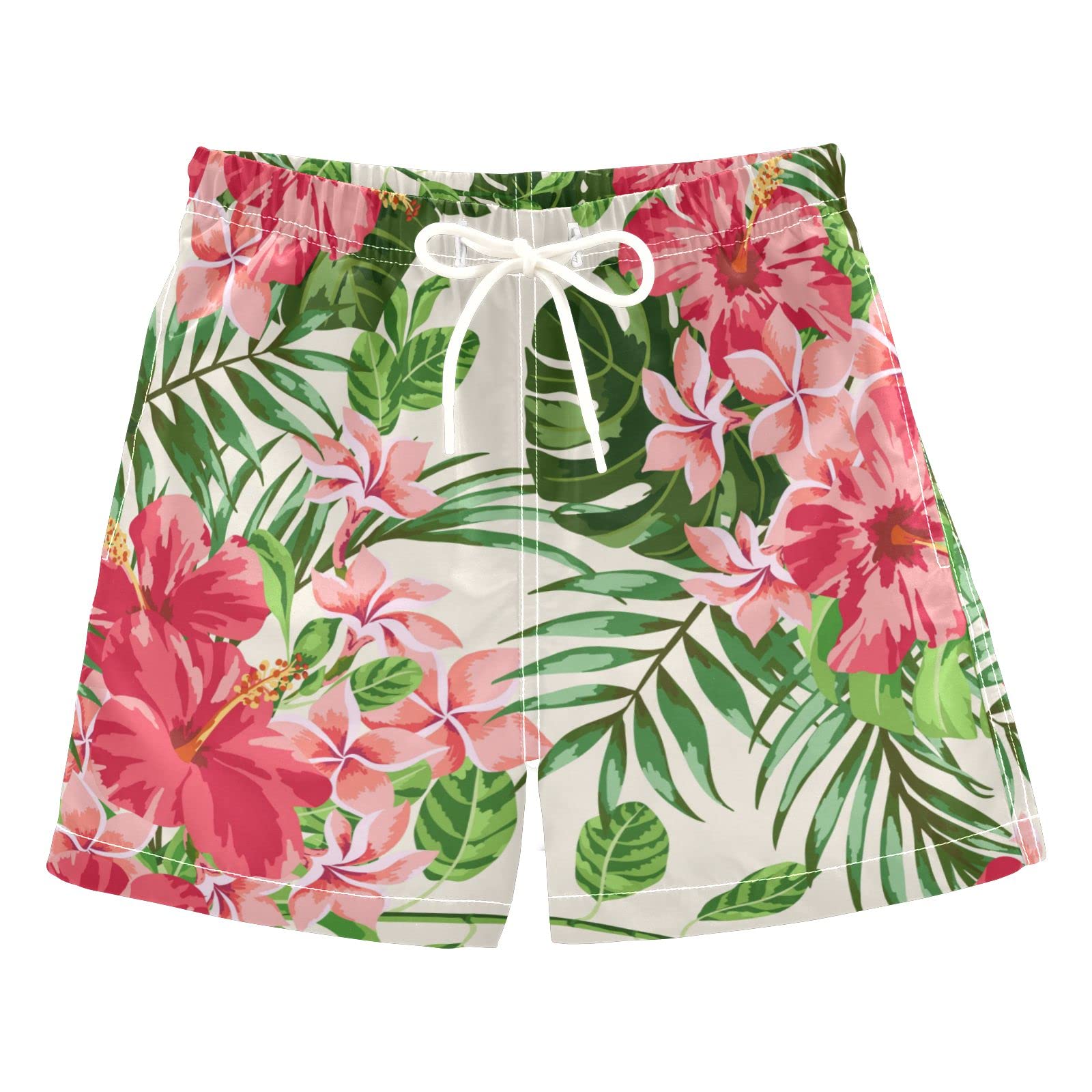 AMICHIC Boys Swim Trunks - Tropical Leaves & Flowers Print Quick Dry Board Shorts for Beach, Surf, Pool | Hawaii Vacation Essentials for Kids