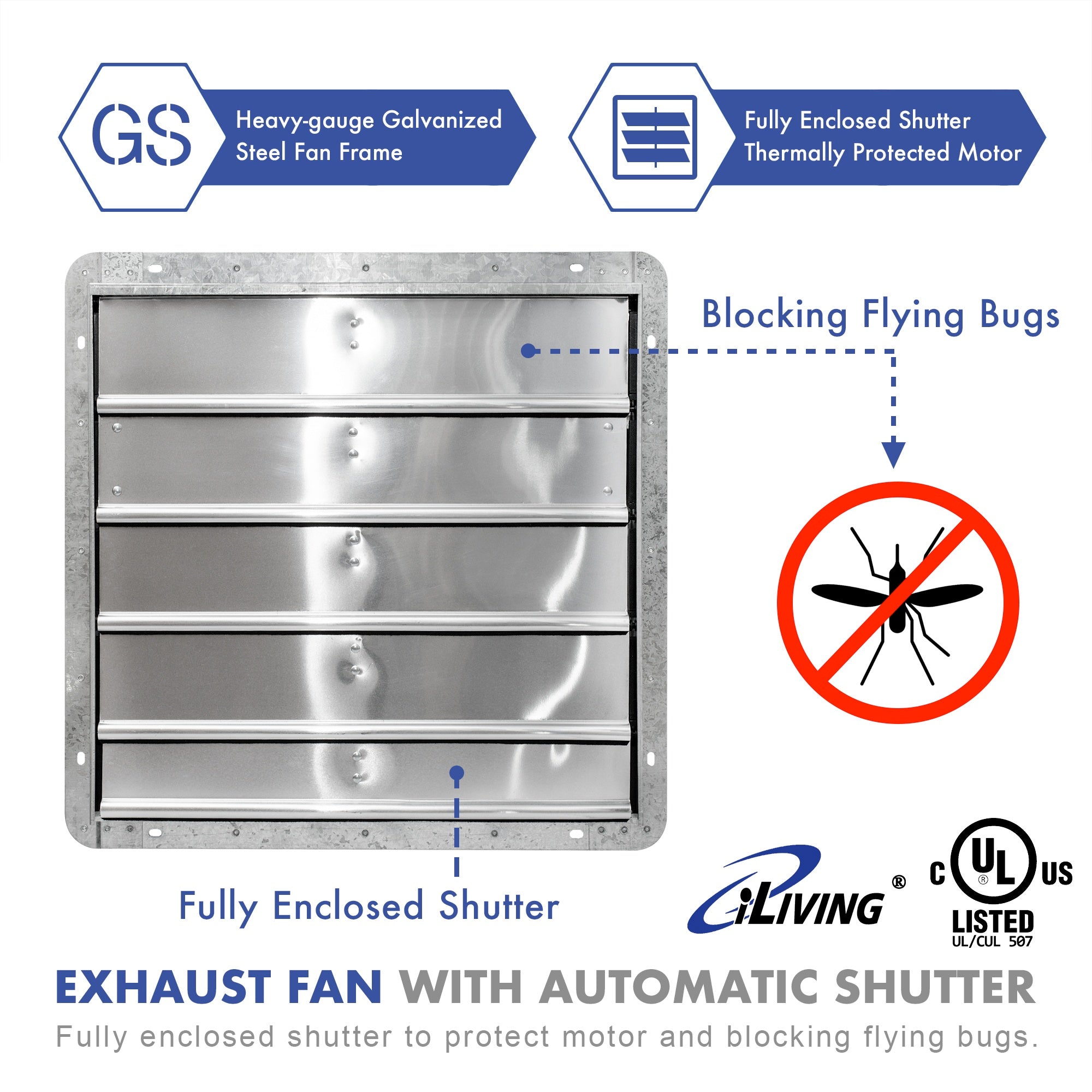 Upgraded iLIVING 20 Inch Variable Speed Wall Mount Shutter Exhaust Fan with Power Cord - ILG8SF20V - Perfect for Home Ventilation, Attic Cooling & Garage Air Circulation