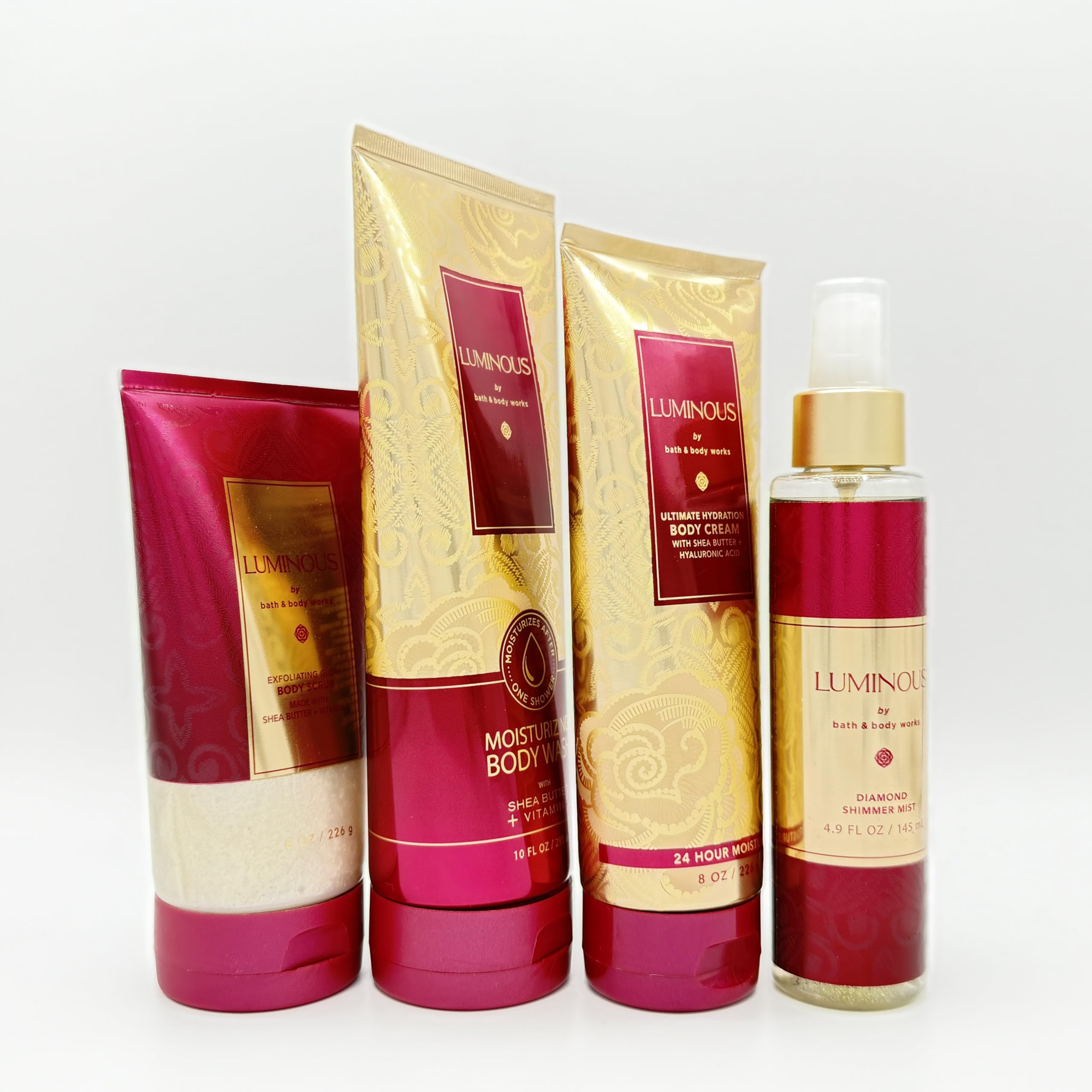 Luminous 4-Piece Bath & Body Gift Set - Exfoliating Body Scrub, Hydrating Body Wash, Ultra Moisturizing Body Cream & Sparkling Shimmer Mist for Soft Glowing Skin | Perfect for Spa Day, Self-Care Routine & Luxury Gifts