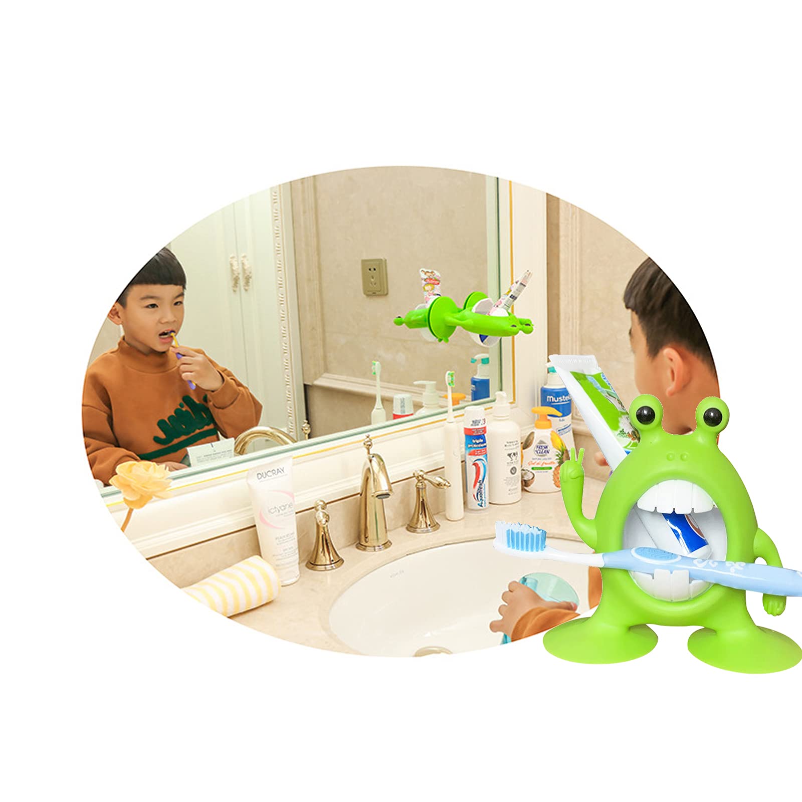 Adorable Cartoon Frog Toothbrush Holder for Kids - Toddler Bathroom Accessories with Toothpaste Cup, Green - Perfect for Boys & Girls Bathroom Decor and Organization