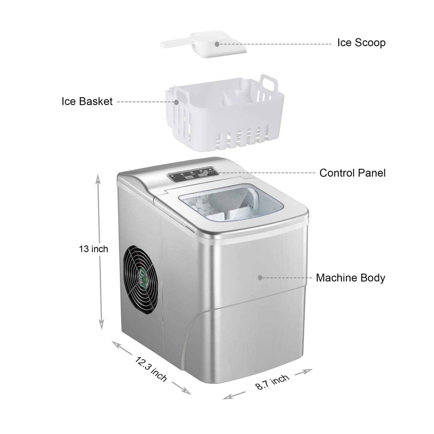 OKADA Portable Countertop Ice Maker Machine - 9 Ice Cubes in 6 Minutes, 26 lbs Daily - Compact Electric Ice Maker with Removable Basket & Scoop (Silver) - Perfect for Home, Office, Parties & Outdoor Use
