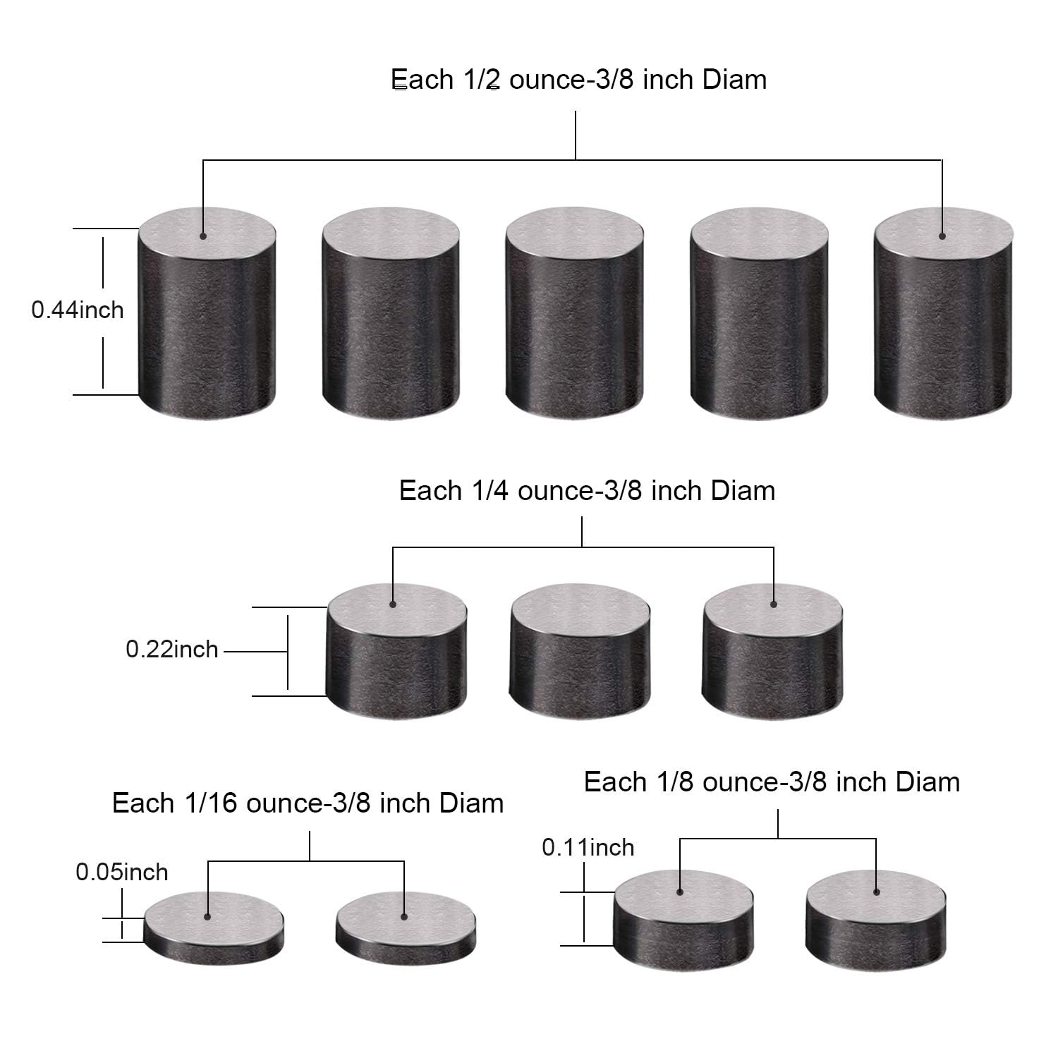 BBTO 12-Piece Tungsten Fishing Weights - 3.625 oz Cylinders, 3/8 Inch Incremental Car Weights for Bass Fishing, Saltwater & Freshwater Angling - Perfect for Drop Shot Rigs, Carolina Rigs & Bottom Fishing