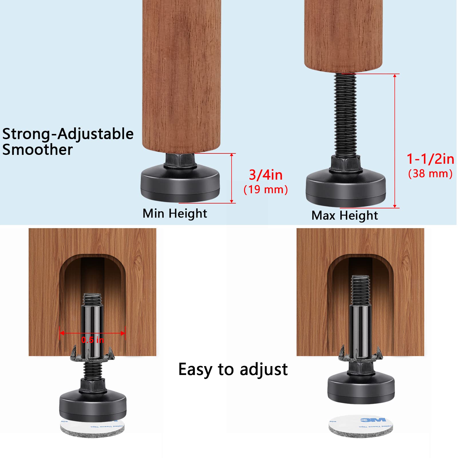 Heavy Duty Adjustable Furniture Leveling Feet M10 Thread with T-Nut Kit - 8 Pack for Cabinet, Workbench, Chair, Sofa - Large Base Supports 2640LBs - Perfect for Uneven Floors, Home Office, Garage & Workshop Use