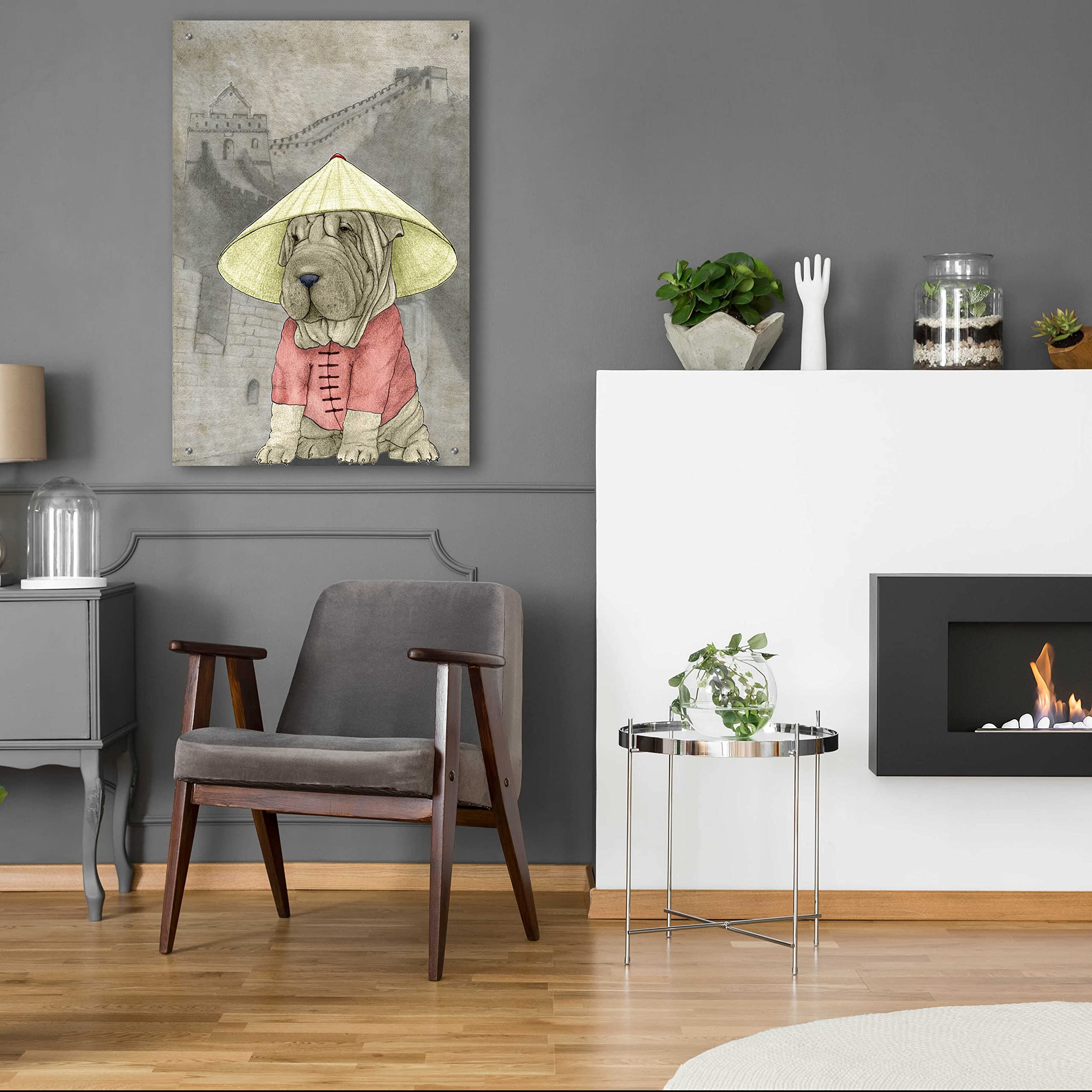 Barruf Acrylic Glass Wall Art - 'Shar Pei with The Great Wall' Painting, 24x36 Inches, Modern Home Decor for Living Room, Bedroom & Office
