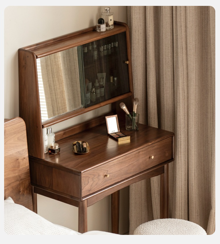 Solid Black Walnut Wood Mirror Dressing Table with Storage | Makeup Vanity Desk for Bedroom | Elegant Bedroom Furniture & Cosmetics Organizer