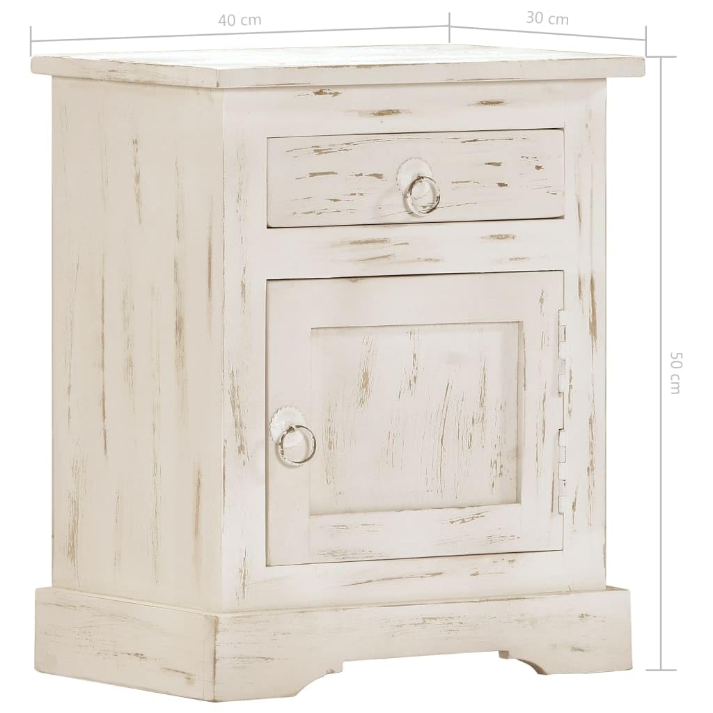 vidaXL Solid Mango Wood Bedside Cabinet with Drawer and Door - Antique-Style White Nightstand for Bedroom, Living Room, 15.7
