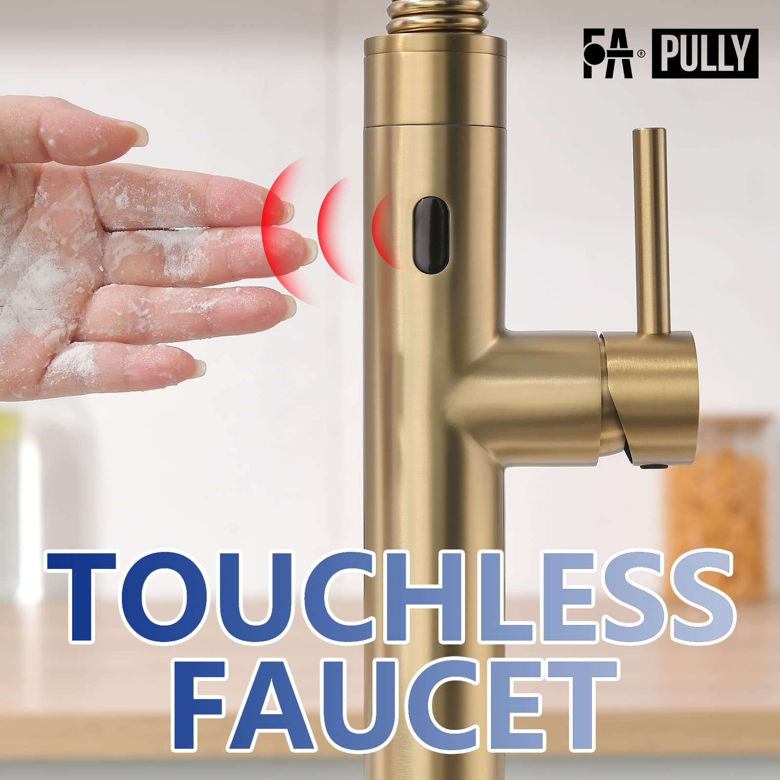 Fapully Touchless Kitchen Faucet with Pull Down Sprayer, Brushed Gold Motion Sensor Smart Single Handle Faucet for Kitchen Sink - Ideal for Modern Homes and Commercial Use
