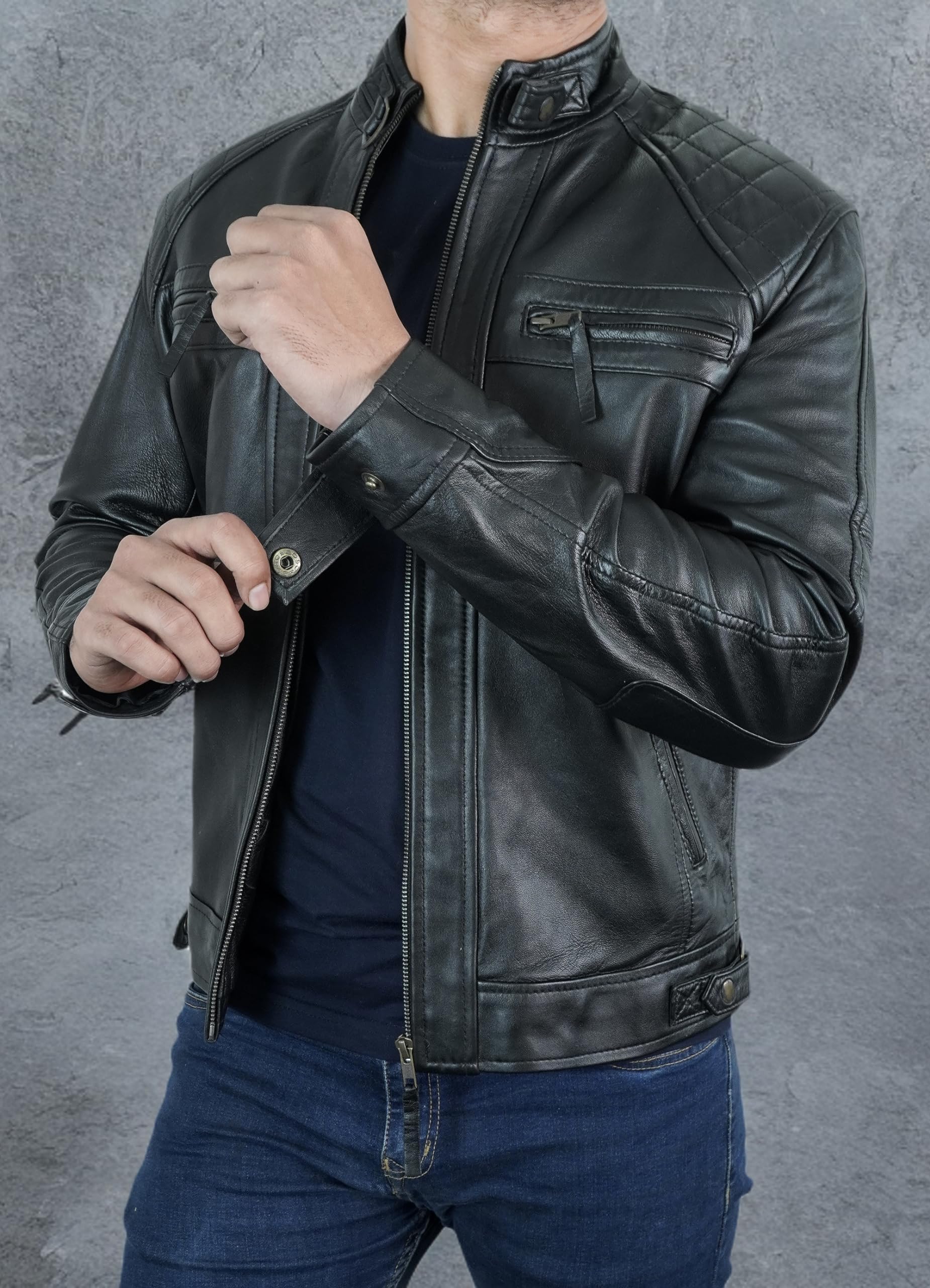 Quilted Biker Men's Leather Jacket - Genuine Lambskin Moto Style Cafe Racer Jacket for Men | Perfect for Motorcycle Riding, Casual Outfits & Streetwear Fashion