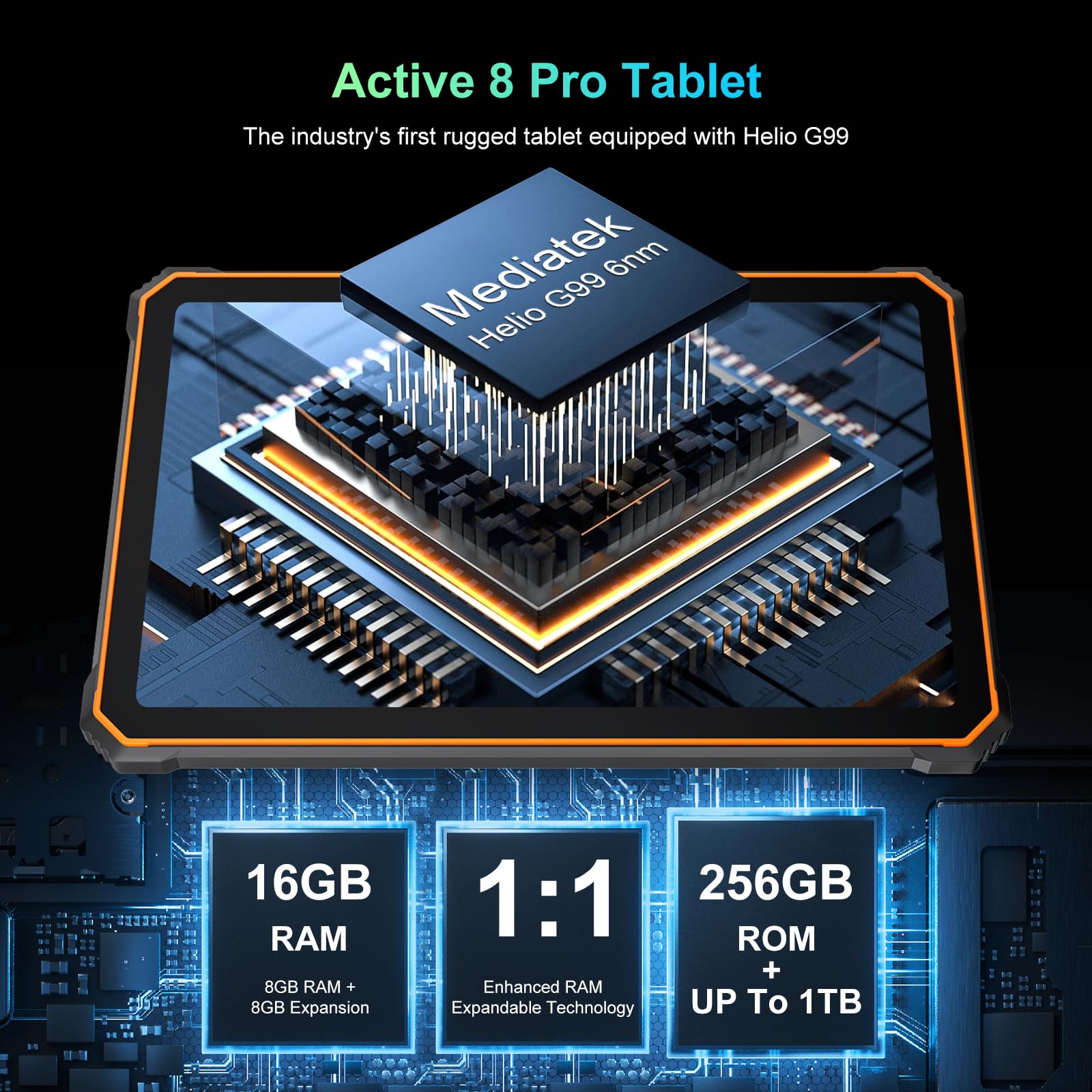 Blackview 2.4K 10.36 Inch Rugged Android Tablet - 22000mAh Battery, Octa-Core Processor, 24GB (8+16) RAM, 256GB ROM + 1TB Expandable, 48MP+16MP Camera, 4G LTE/5G WiFi, BT 5.0/OTG/GPS, Waterproof - Orange | Perfect for Outdoor Work, Construction Sites, and Harsh Environments