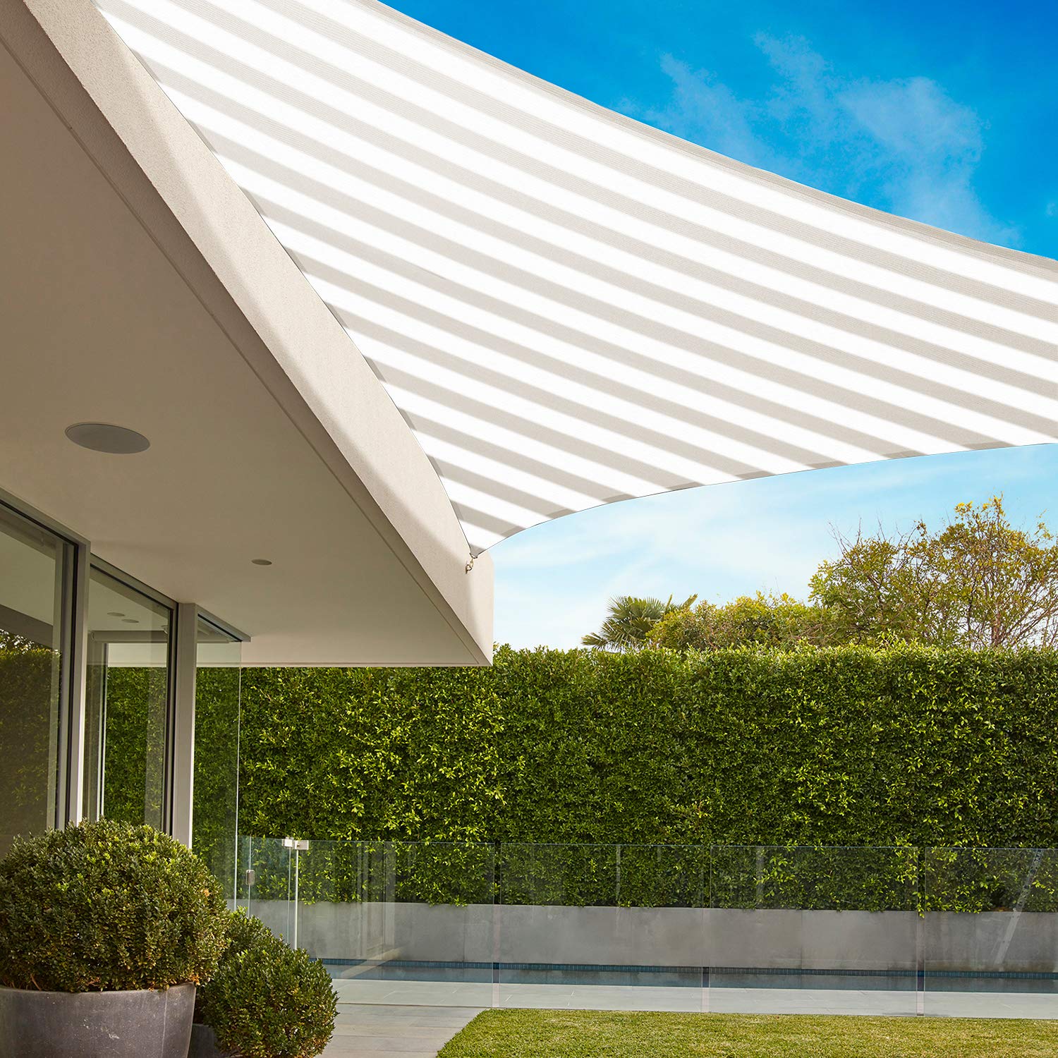E&K Sunrise 17' x 24' x 29.4' Right Triangle Sun Shade Sail - UV Blocking Canopy Cover for Patio, Backyard, Garden - Beige White Strip - Perfect for Outdoor Relaxation & Sun Protection
