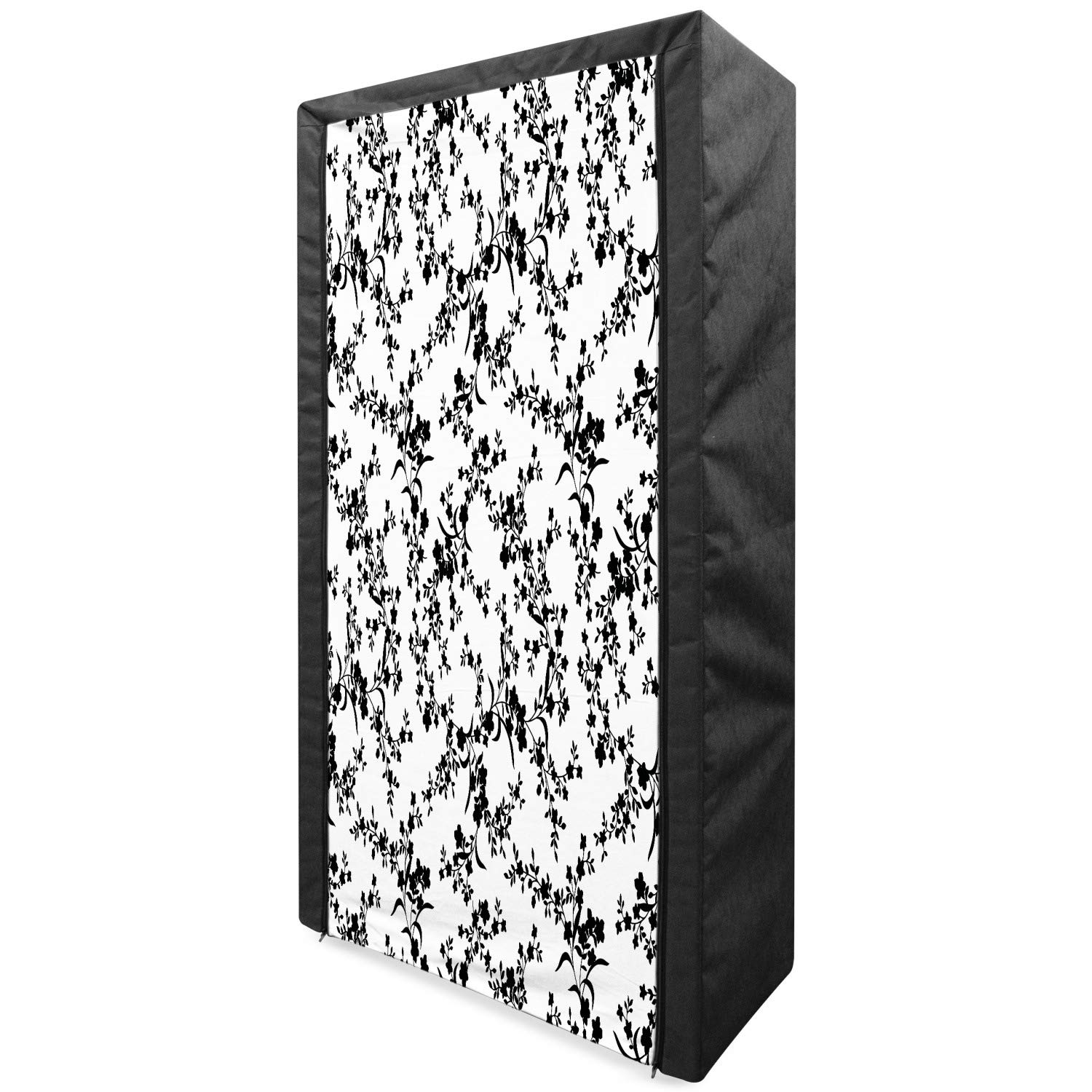 Ambesonne Floral Portable Fabric Wardrobe - Victorian Style Curved Flower Baroque Design with Shelves | 33.5 Inch Black & White Clothing Organizer for Bedroom, Closet, Dorm Room, or Travel Storage