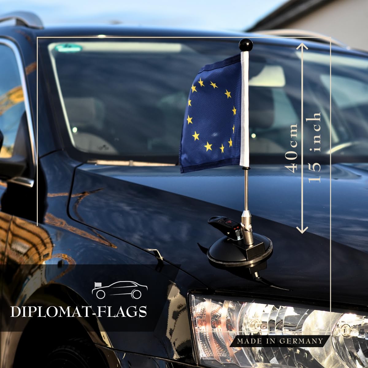 Car Flag Pole Diplomat-Air with Suction Mount - Universal Vehicle Flag Holder for American & International Flags - Perfect for Parades, Sports Events & Patriotic Displays