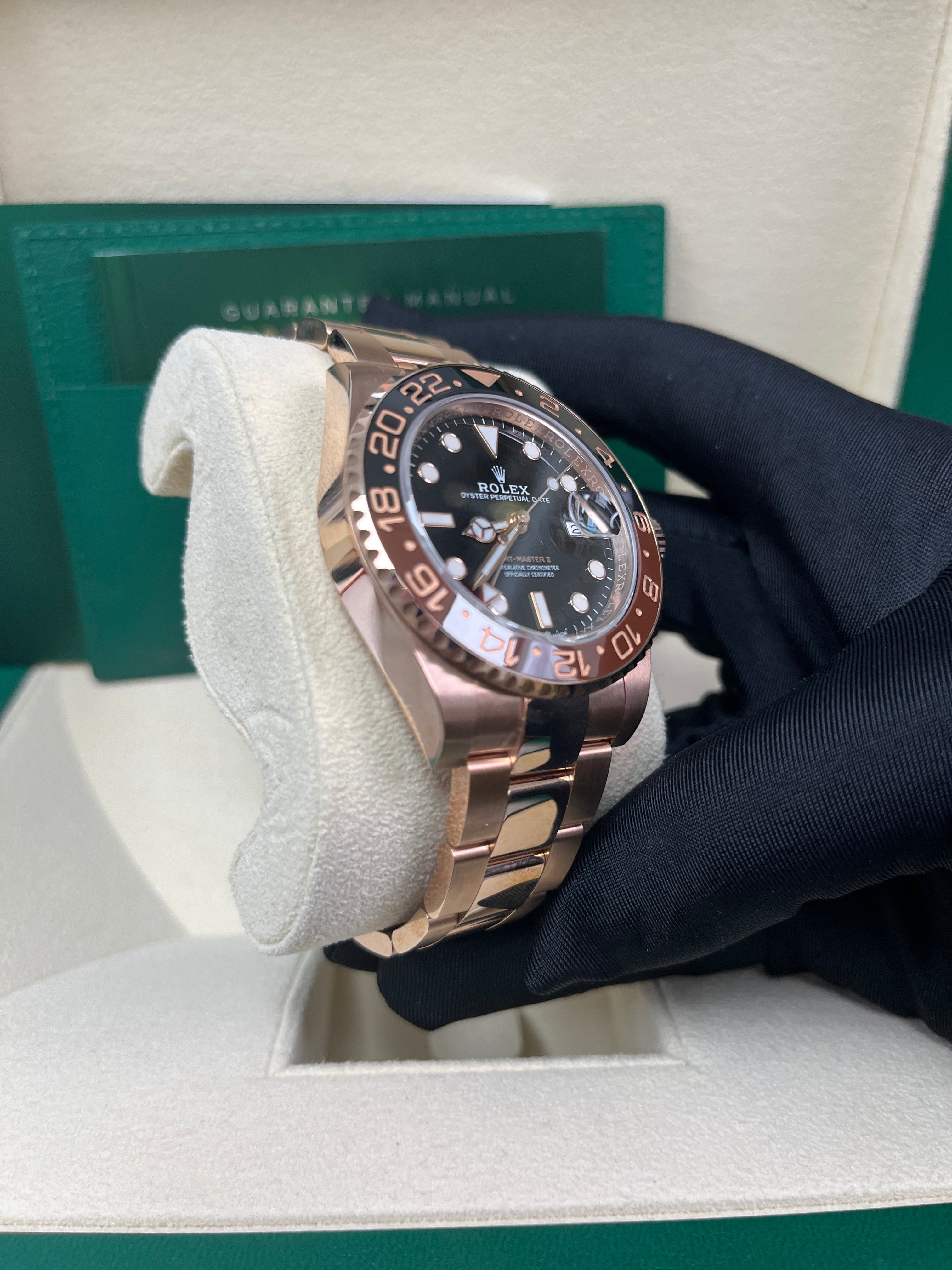 Rolex GMT Master II 18K Everose Rose Gold Watch - Rootbeer Black & Brown Ceramic Bezel, Oyster Bracelet (Ref# 126715CHNR) | Luxury Men's Watch for Travel, Business & Special Occasions