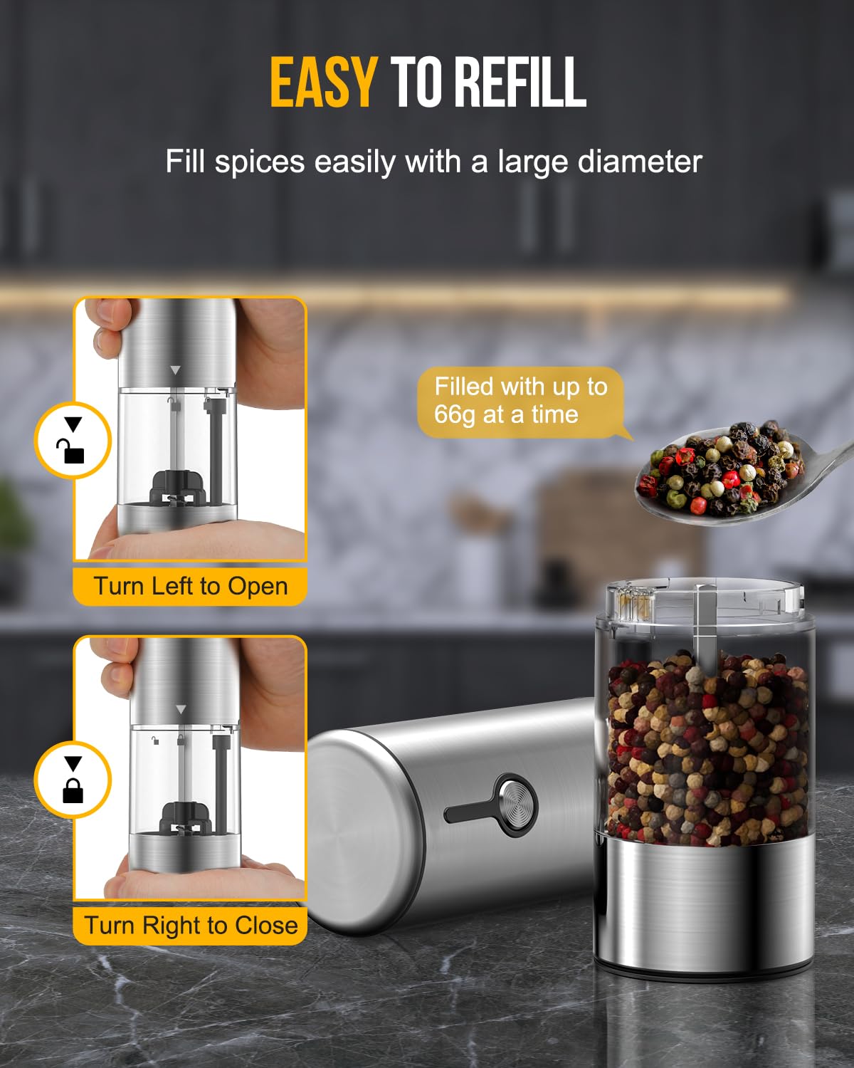 Upgraded 66g Large Capacity Rechargeable Electric Salt and Pepper Grinder Set - 2 Pack with 6 Adjustable Coarseness Levels, Stainless Steel Automatic Spice Mill with LED Light - Perfect for Kitchen, Dining Table & Outdoor BBQ