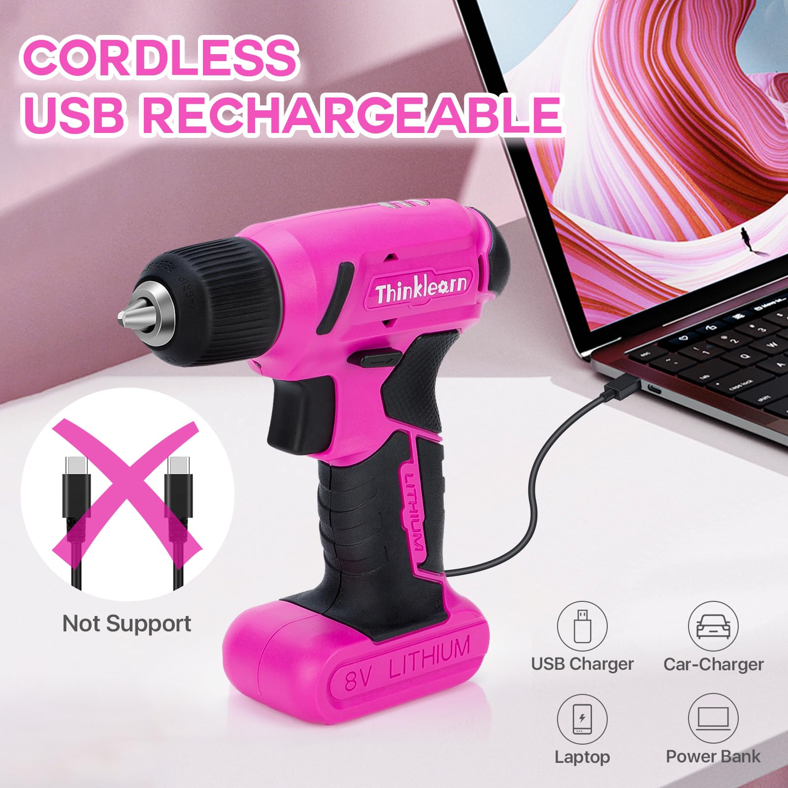 64PCS Pink Tool Set with Cordless Drill - 8V Power Drill & Electric Screwdriver Kit for Women, 3/8