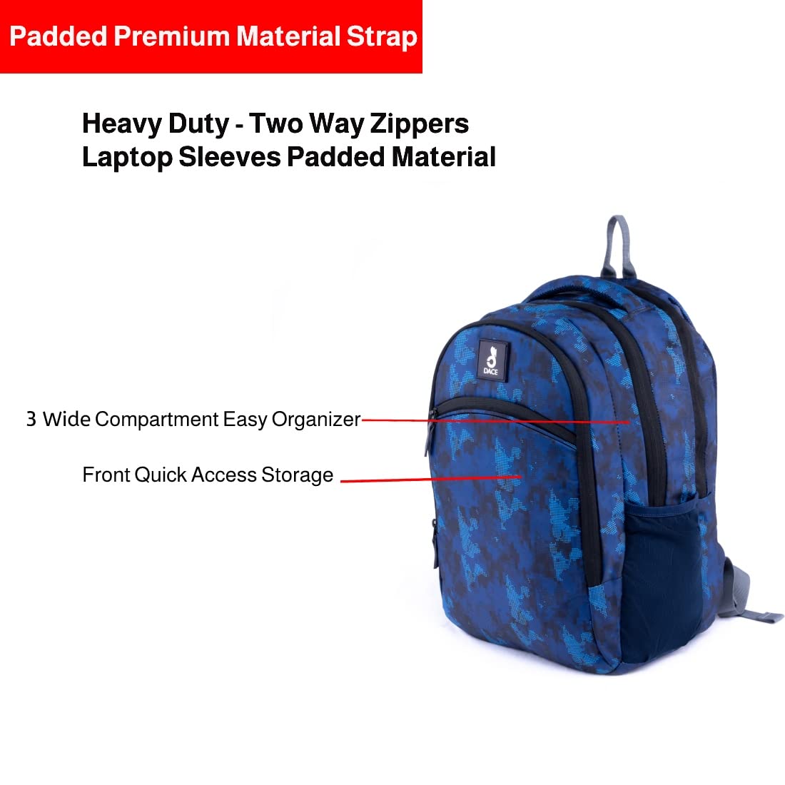 Dace Blue Printed Waterproof Laptop Backpack - 15.6 Inch Casual Business Travel Backpack for Men & Women, Lightweight College School Bag with USB Charging Port, Perfect for Office, Work, Commuting & Daily Use