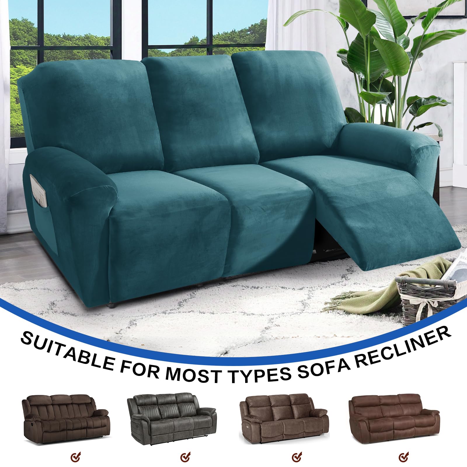 MAXIJIN 8-Piece Stretch Velvet Recliner Sofa Covers - Soft, Thick & Washable Slipcovers for 3-Cushion Reclining Couches (Peacock Blue) - Perfect for Living Room, Home Theater & Family Room Furniture Protection