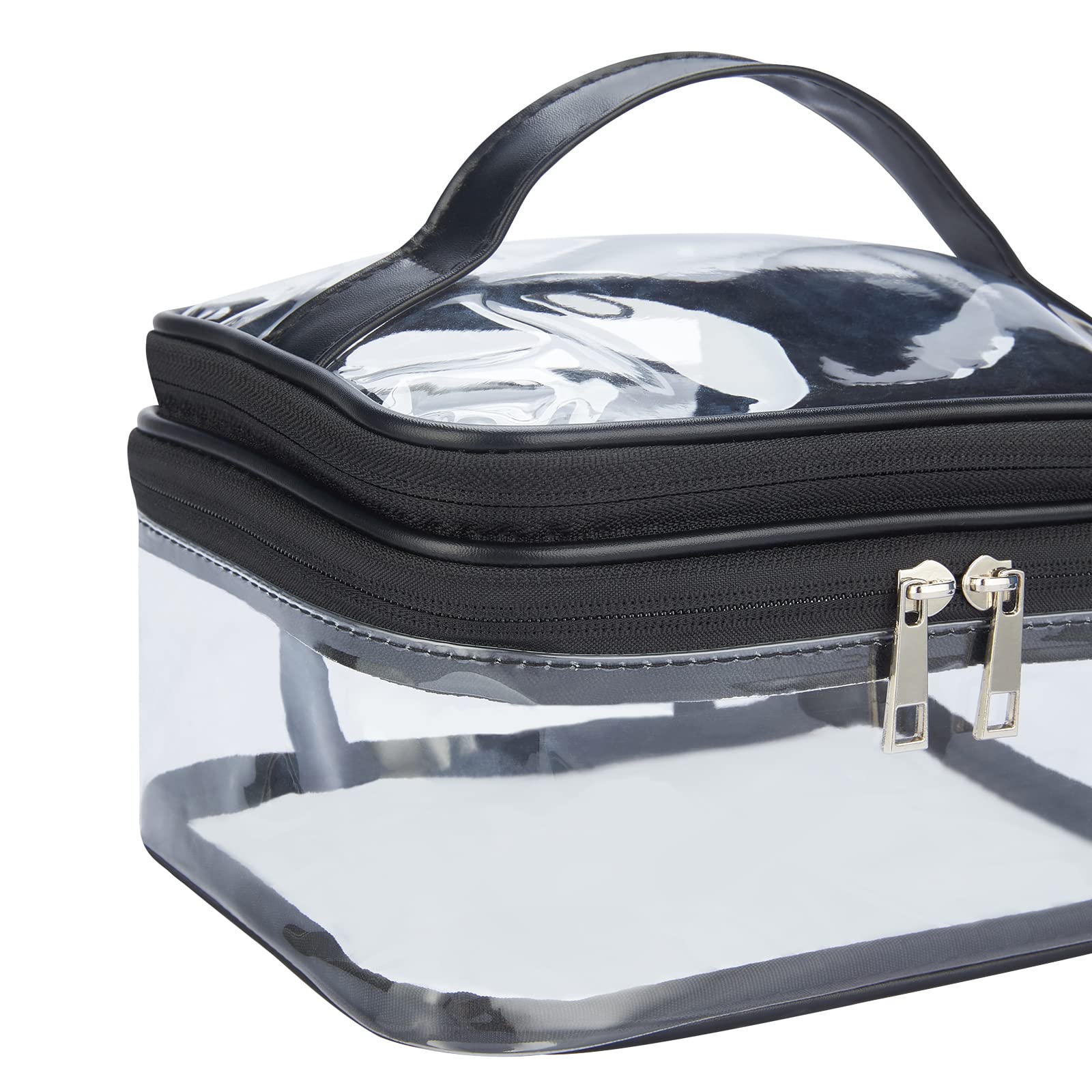 Double Layer Clear Cosmetic Bag - Waterproof Travel Makeup Organizer for Toiletries | Transparent PVC Makeup Pouch for Hair & Nail Accessories | Perfect for Beach, Gym, Travel & Daily Organization (Black)