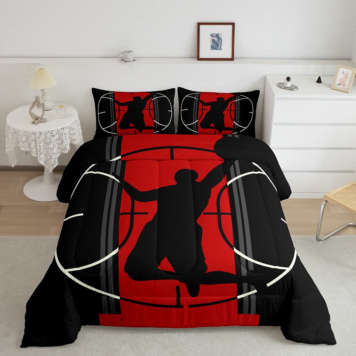 Basketball Comforter Set for Teens - Twin Size 2 Piece Sports Bedding with Quilted Duvet & Pillowcase - Red and Black Basketball Court Design - Perfect for Kids Bedroom Decor & Sports Themed Rooms