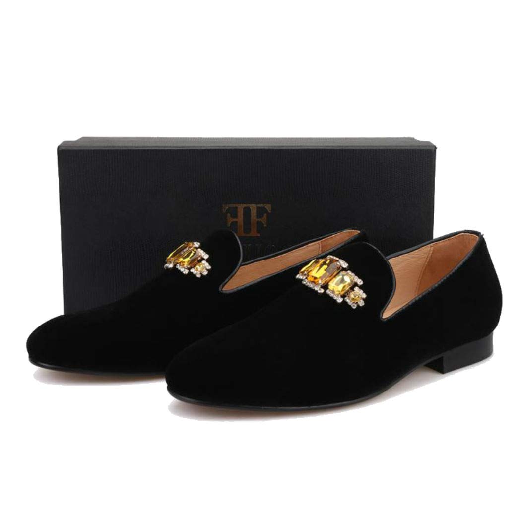 FERUCCI Handmade Men's Black Velvet Loafers with Gold Crystal Brooch - Luxury House Slippers for Indoor Comfort & Elegant Occasions