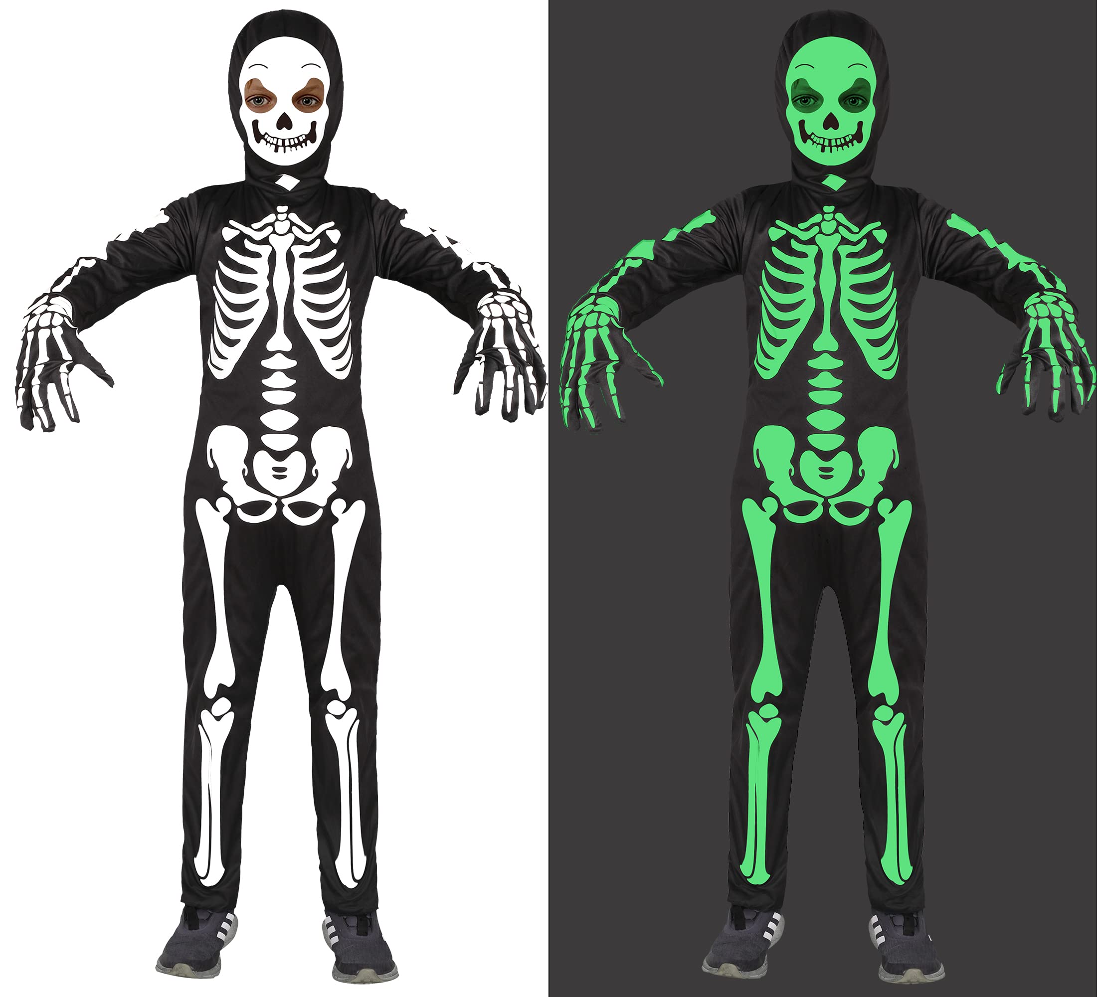 Glow in The Dark Kids Skeleton Costume - Black Halloween Bone Bodysuit with Hood & Mask for Boys & Girls | Perfect for Trick-or-Treating, Halloween Parties & Spooky Photo Shoots