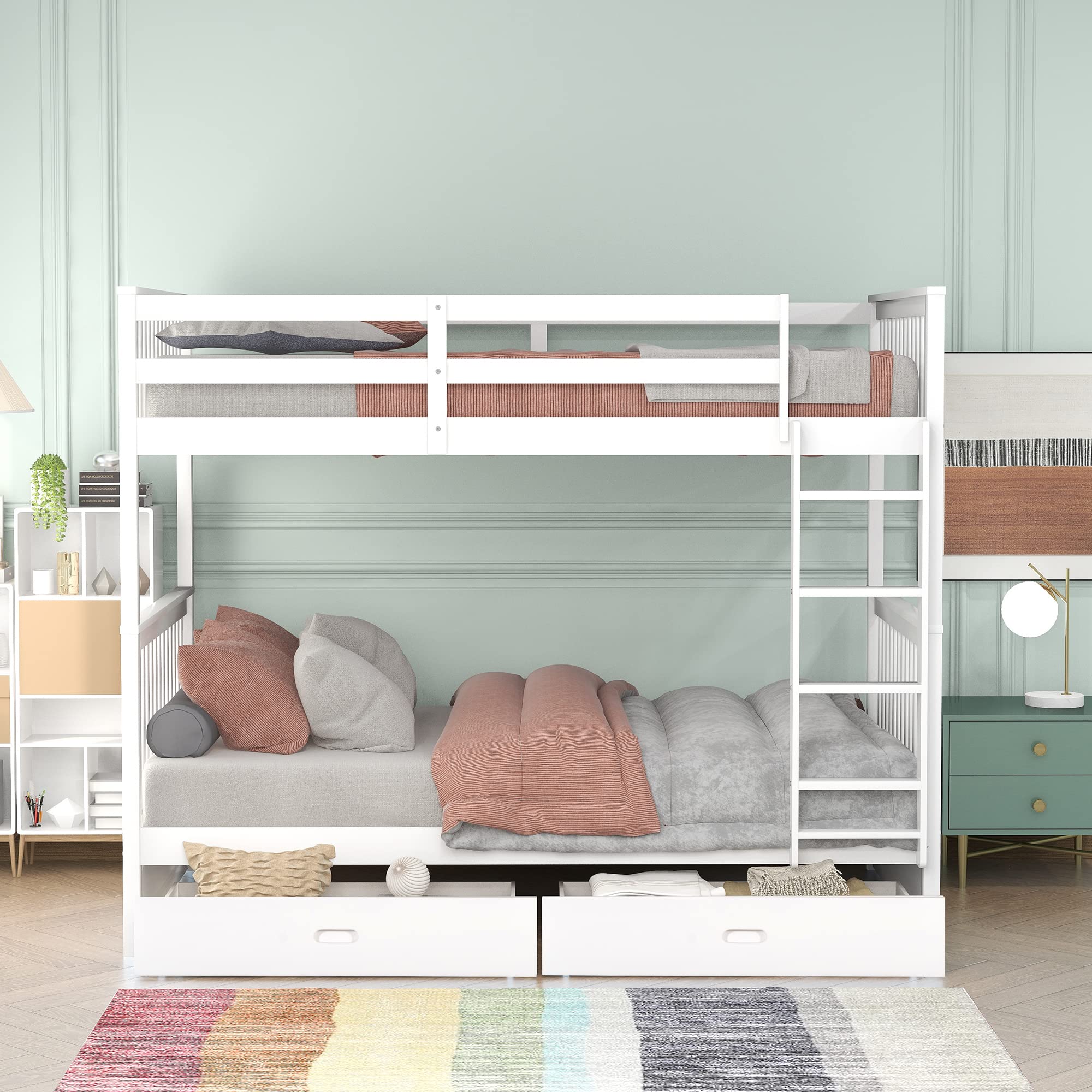 P PURLOVE Twin Over Twin Bunk Bed with 2 Storage Drawers, Solid Wood Bunk Bed Frame with Ladders, Convertible to 2 Separate Twin Beds for Teens, Kids, Boys & Girls - No Box Spring Required (White) - Perfect for Small Bedrooms, Guest Rooms & Shared Kids' Rooms