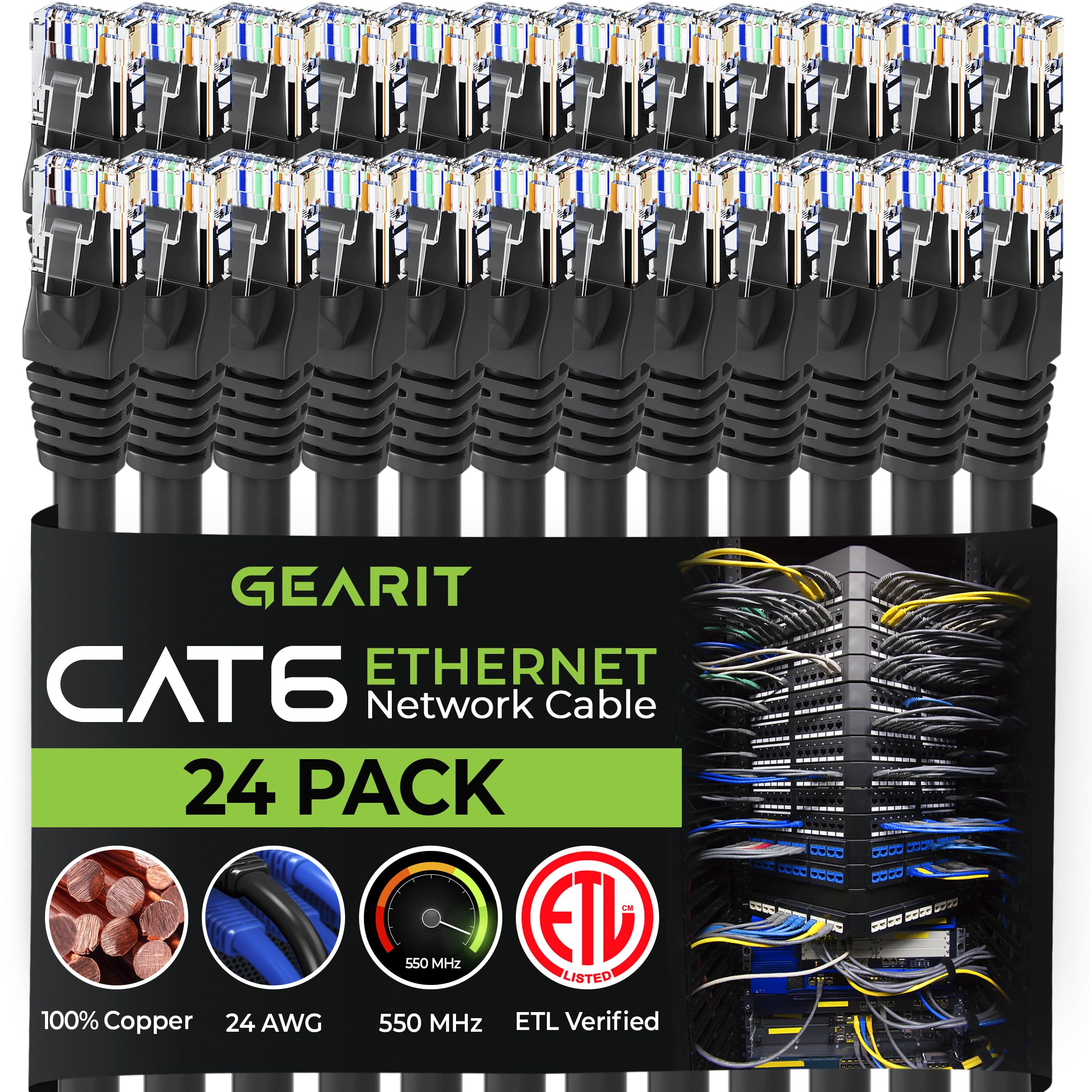 GearIT Cat 6 Ethernet Cable 1.5 ft 18-Inch (24-Pack) - High-Speed Cat6 Patch Cable, Snagless RJ45 Connectors, 550MHz Bandwidth, for Gaming, Streaming & Home Office Network Setup - Black 1.5 Feet